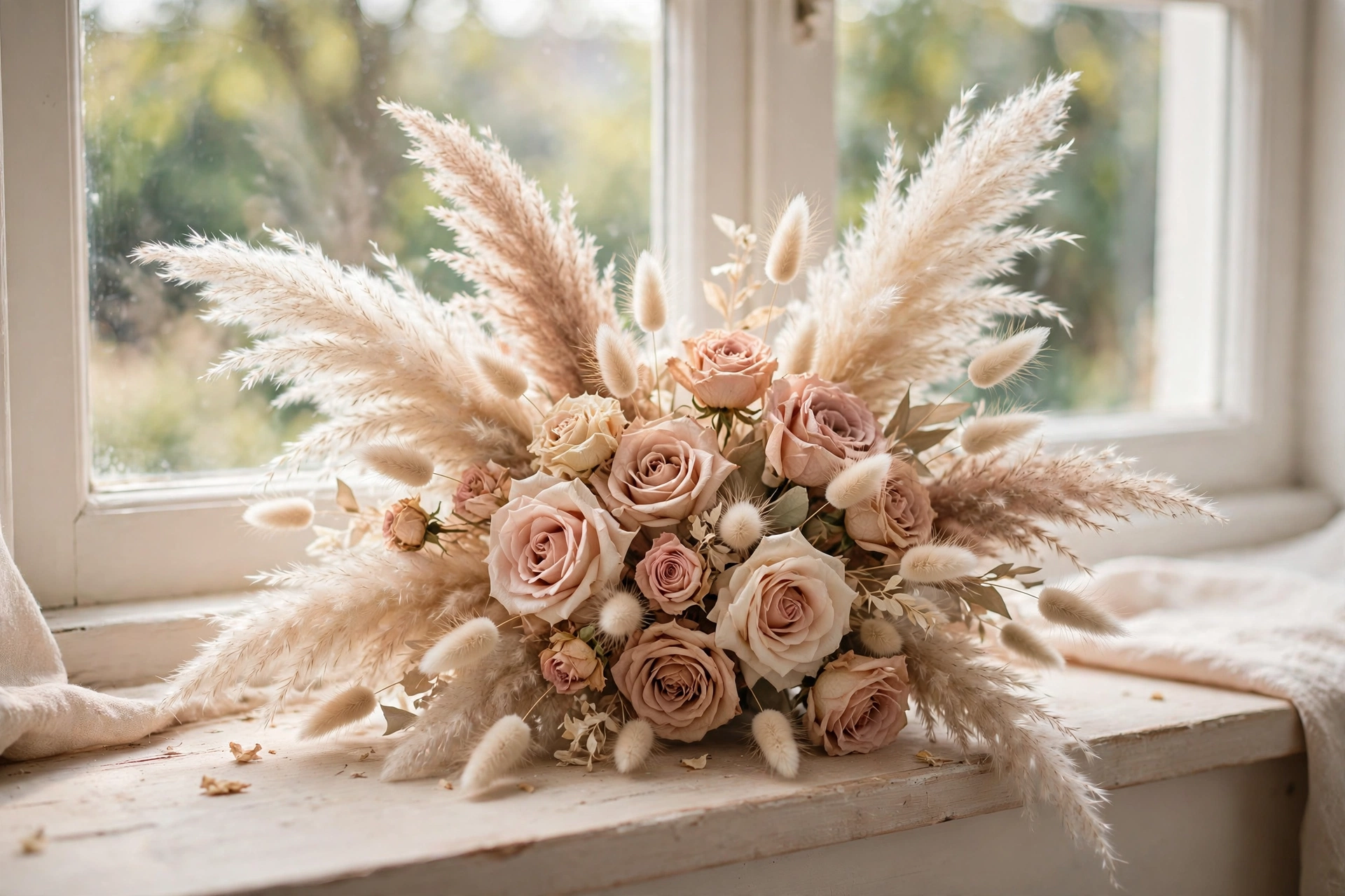 Bridal bouquet of pampas grass plumes, dried roses and bunny tails on a bright windowsill