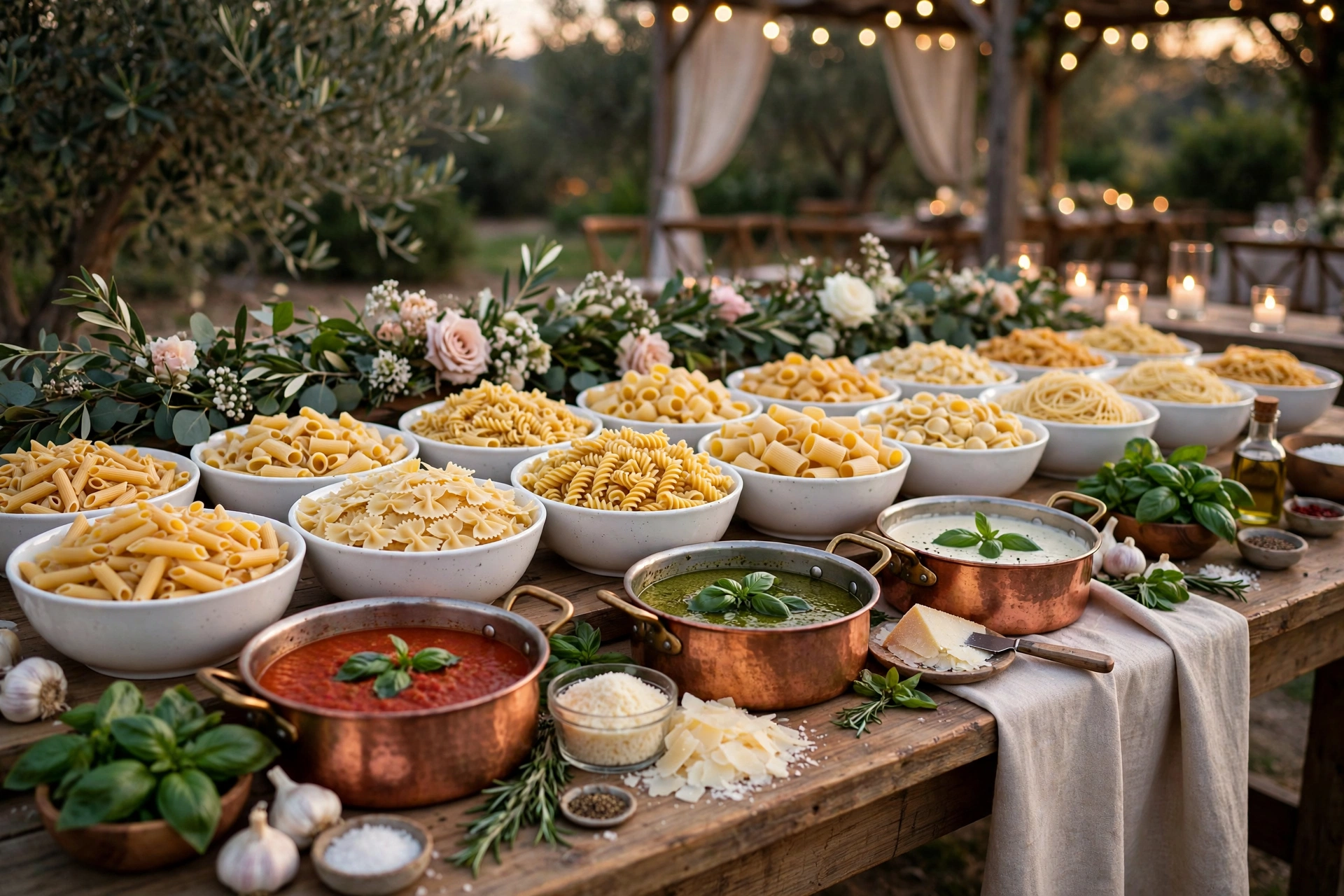 Build-your-own wedding pasta bar with bowls of pasta shapes and sauces in copper pots