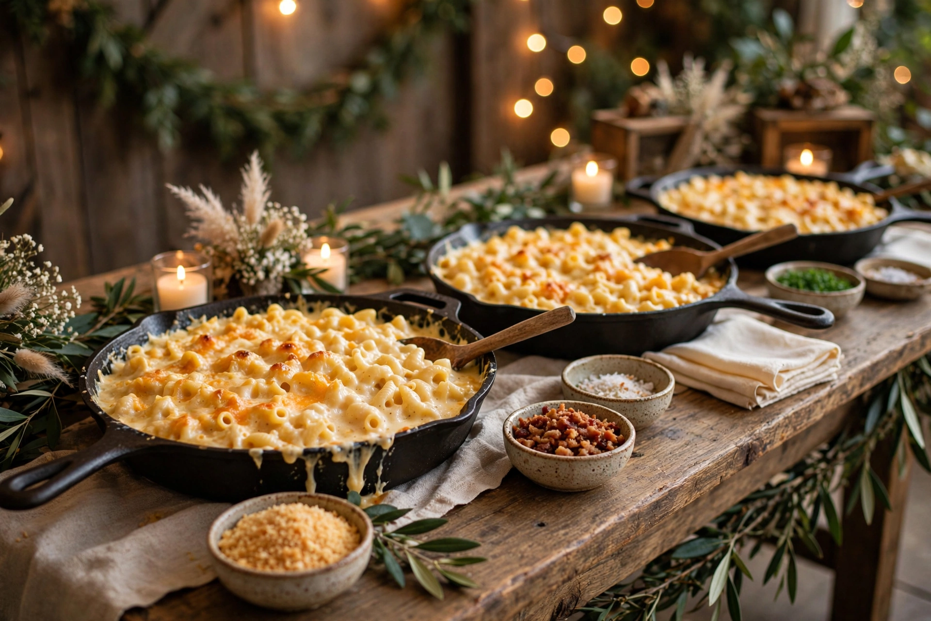 Truffle mac and cheese bar at a wedding with cast iron skillets and topping bowls