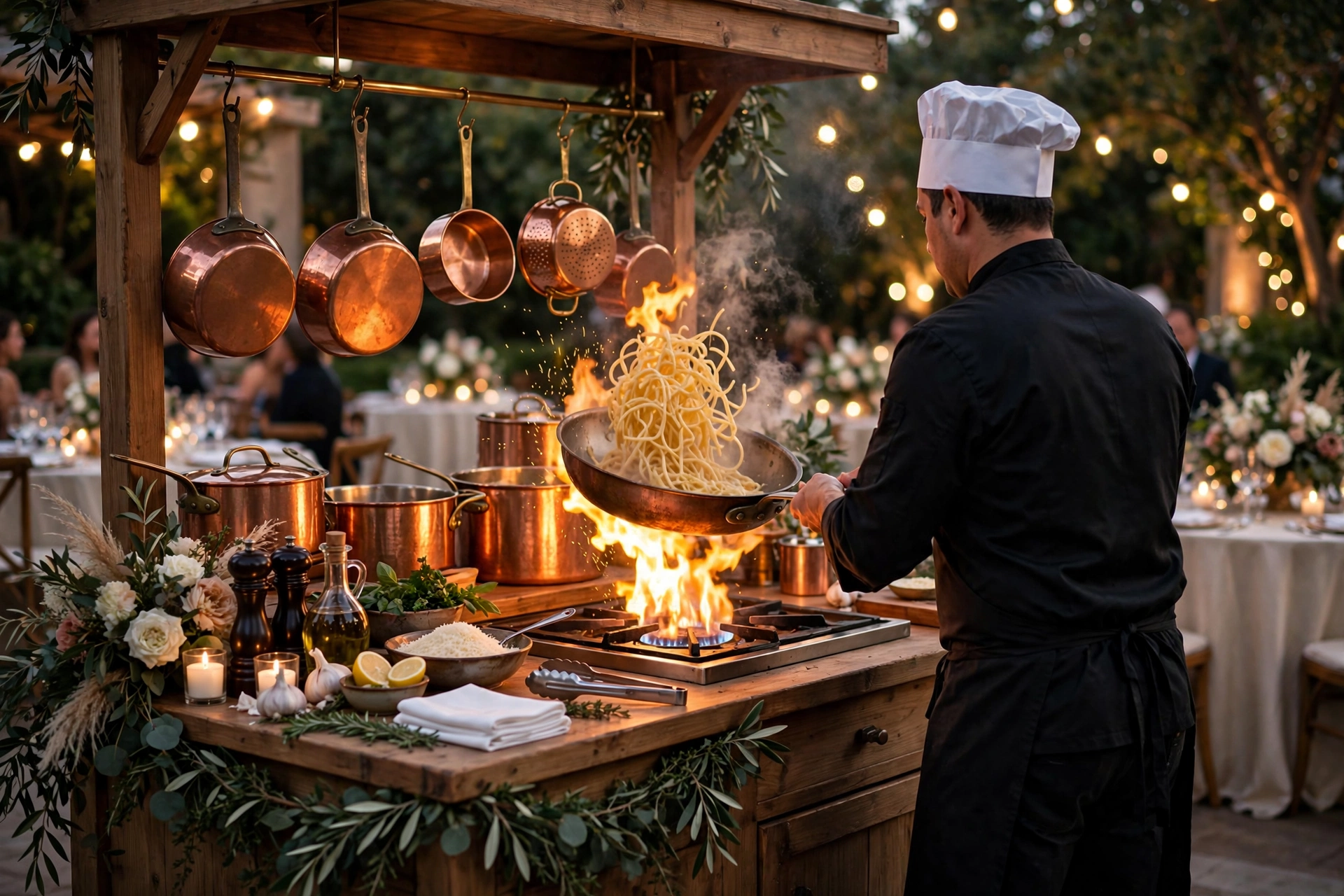 Chef tossing pasta in a pan over flame at a live wedding pasta station