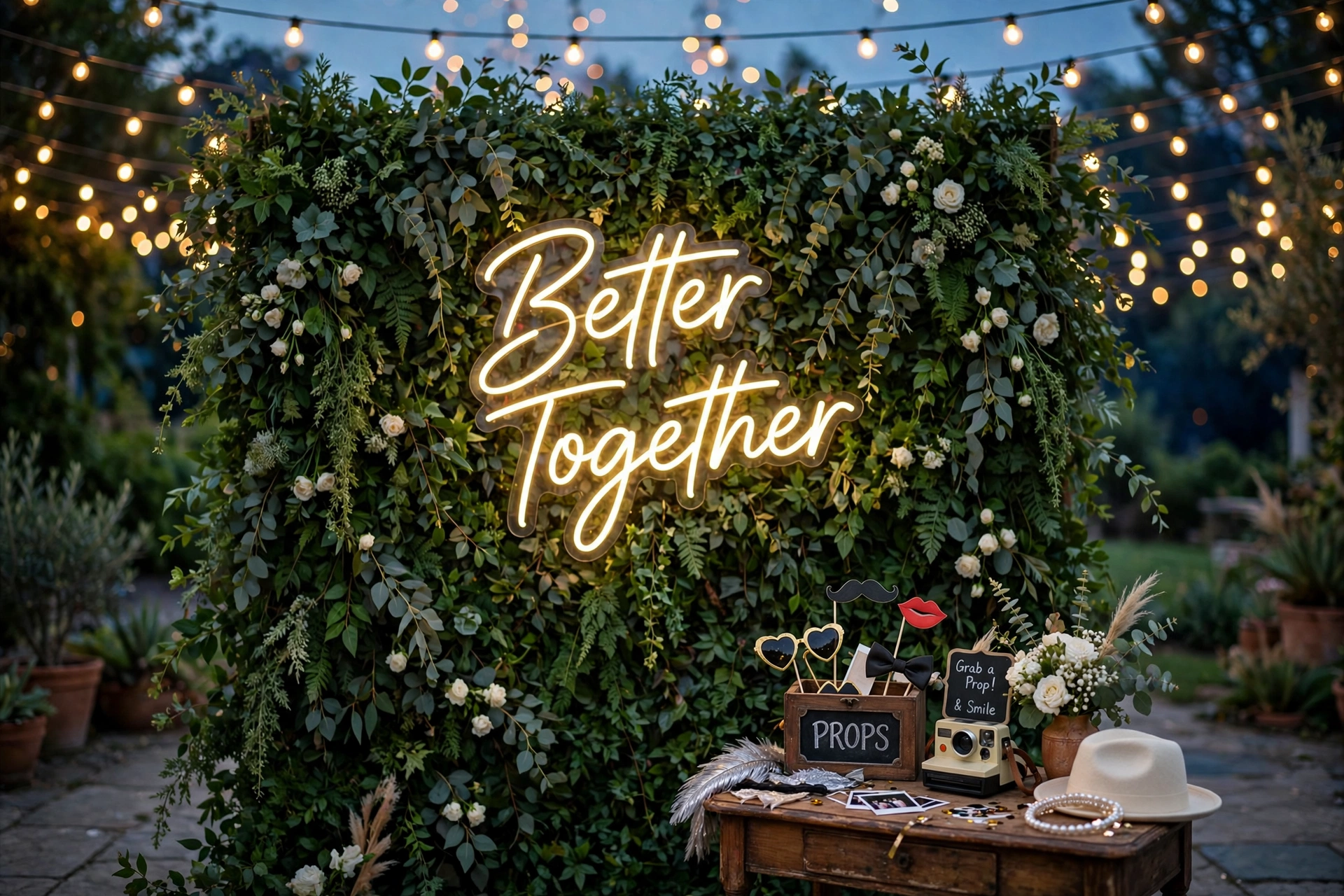 Wedding photo booth with greenery wall backdrop and gold neon sign at dusk