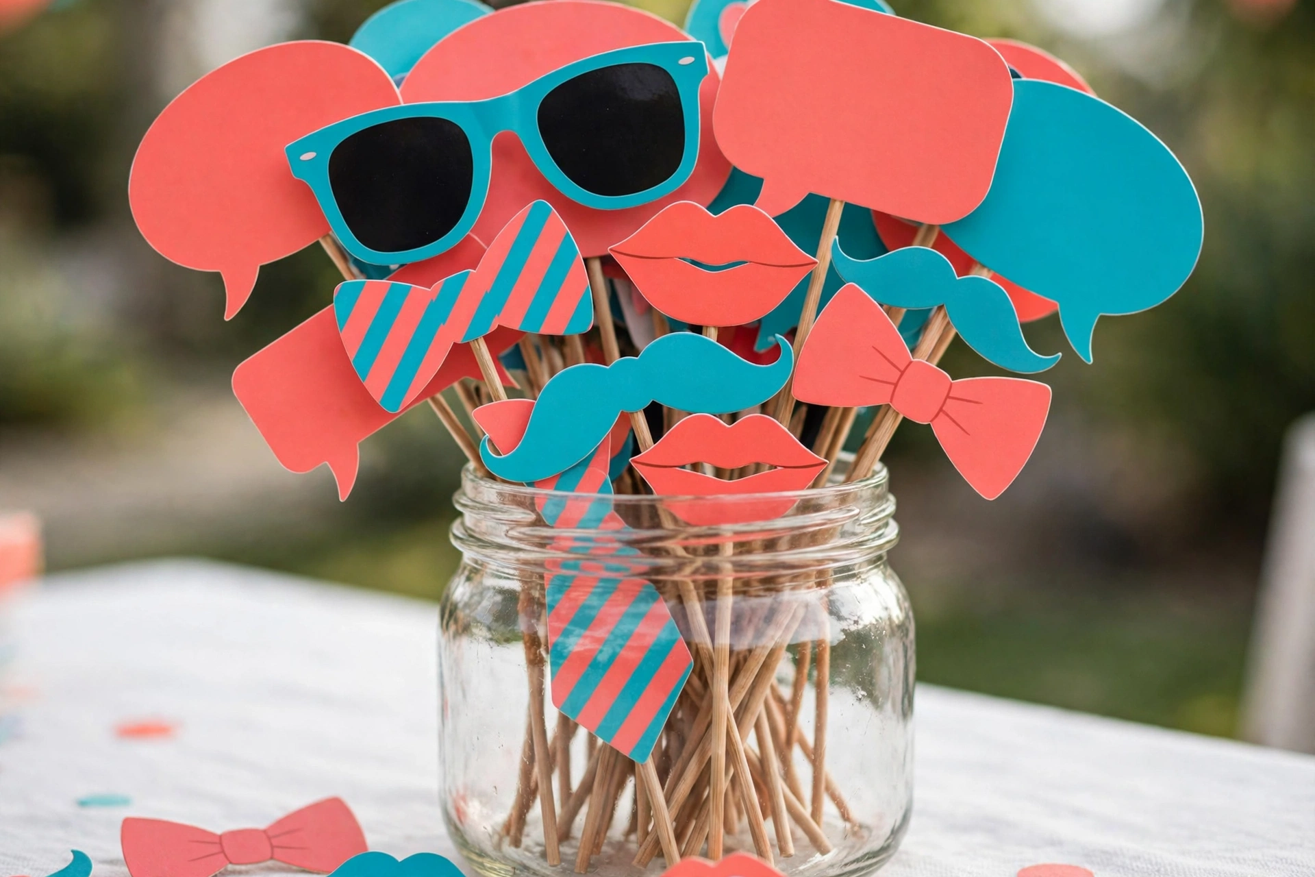 Close-up of funny wedding photo booth prop signs on sticks in a glass jar