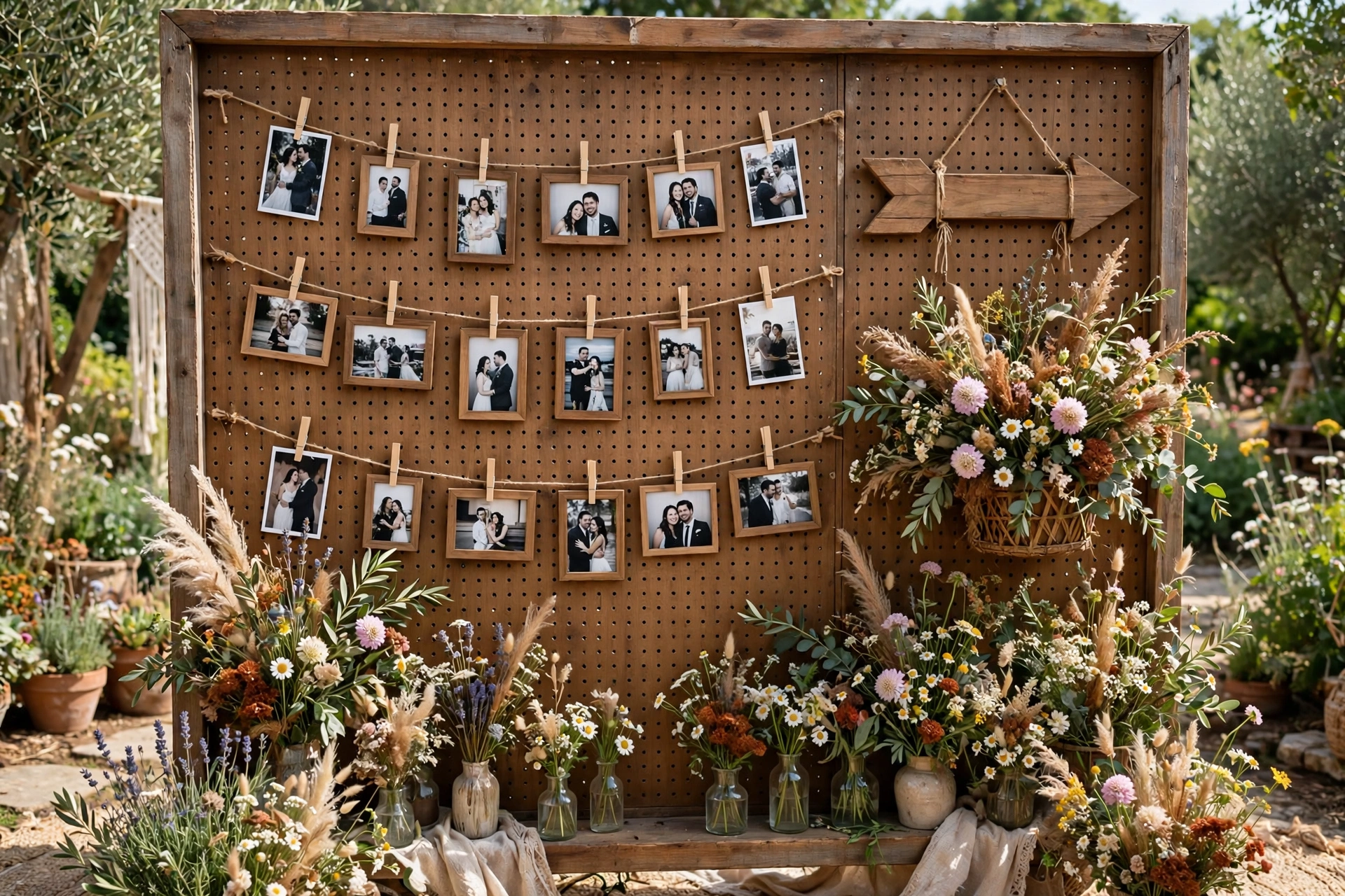 Wooden pegboard photo display sign wall with printed wedding photos at a photo booth