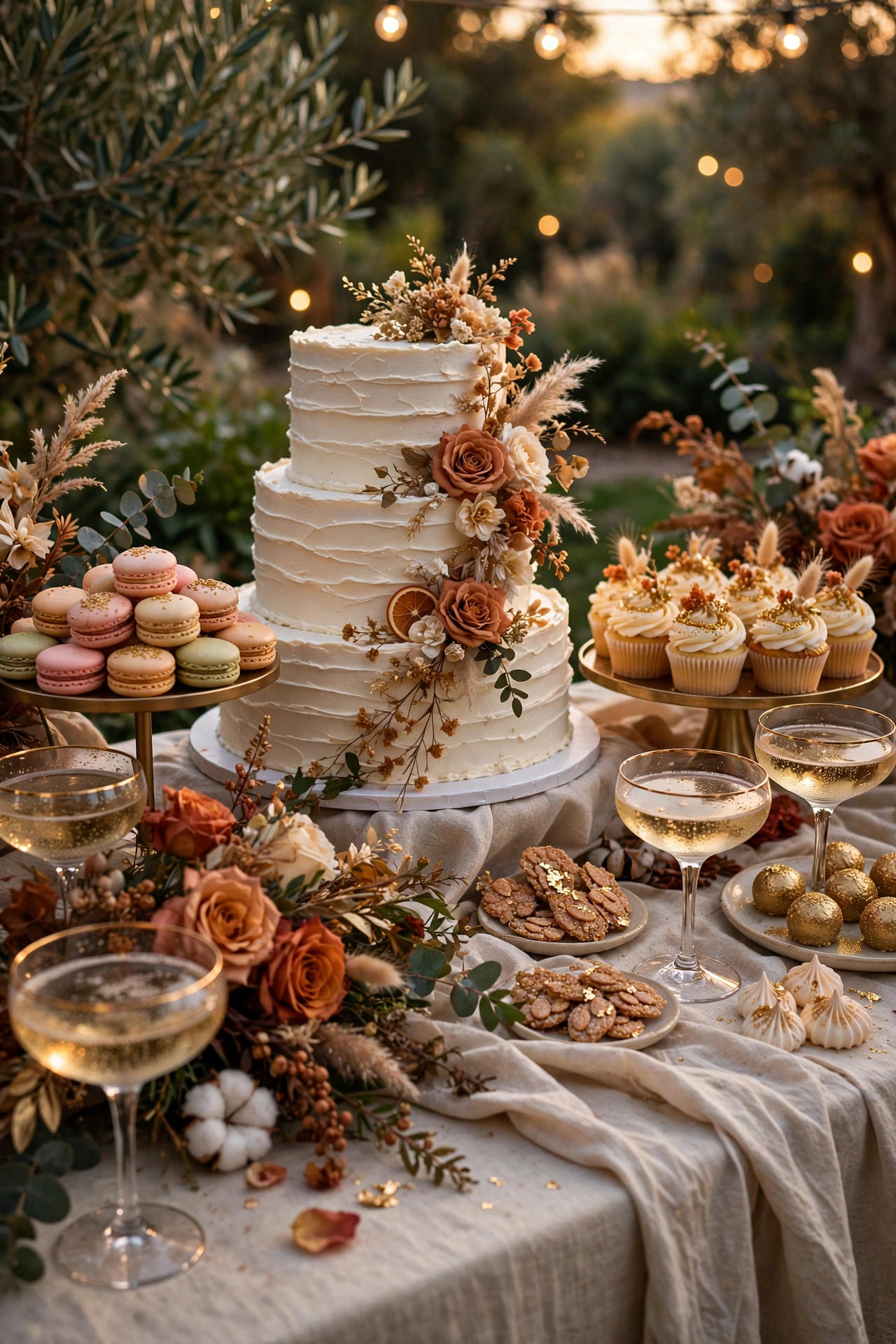 Dessert and champagne bar with tiered cake, macarons, and gold-rimmed coupes at an outdoor wedding party