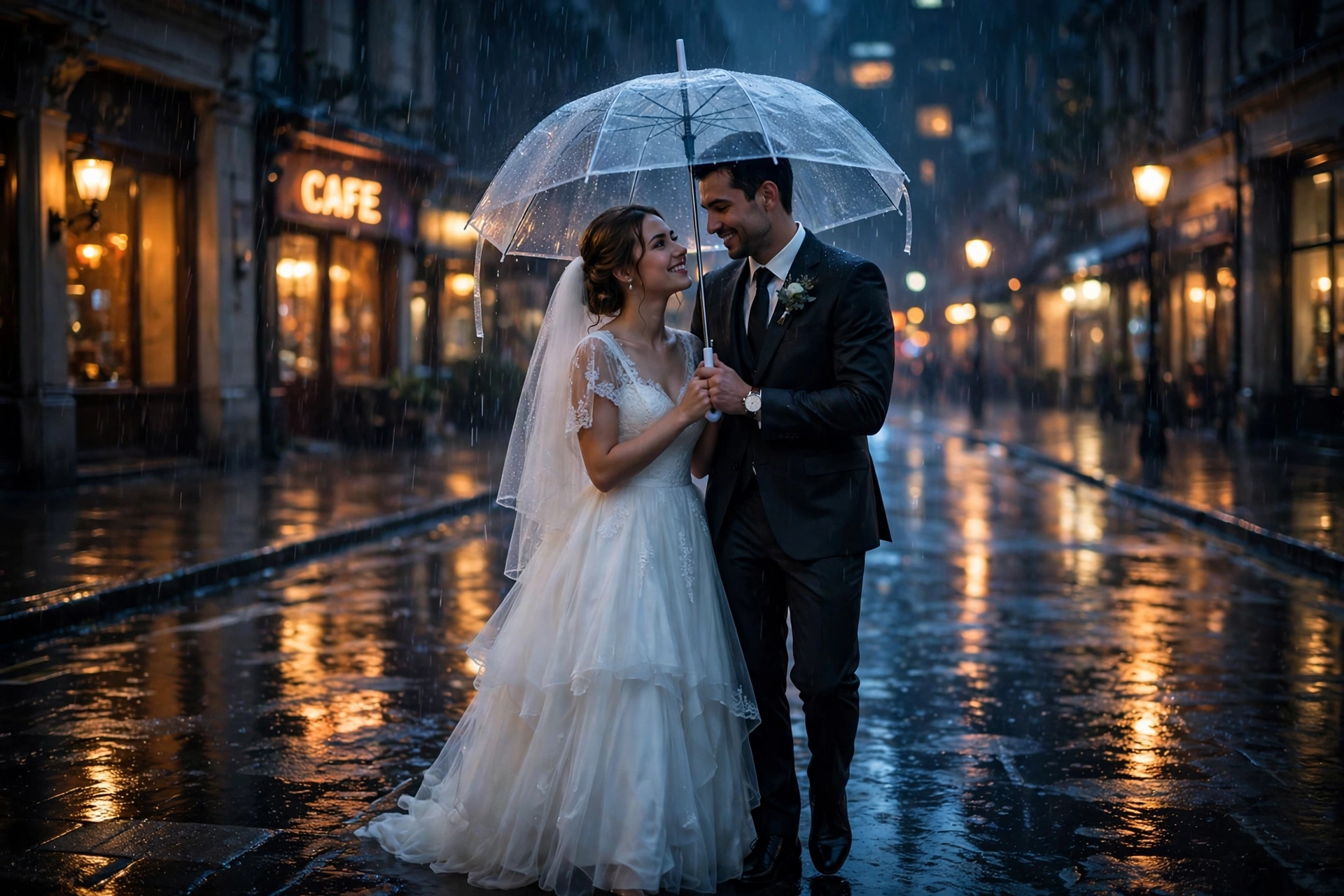 Bride and groom sharing a clear umbrella on a rainy city street at night