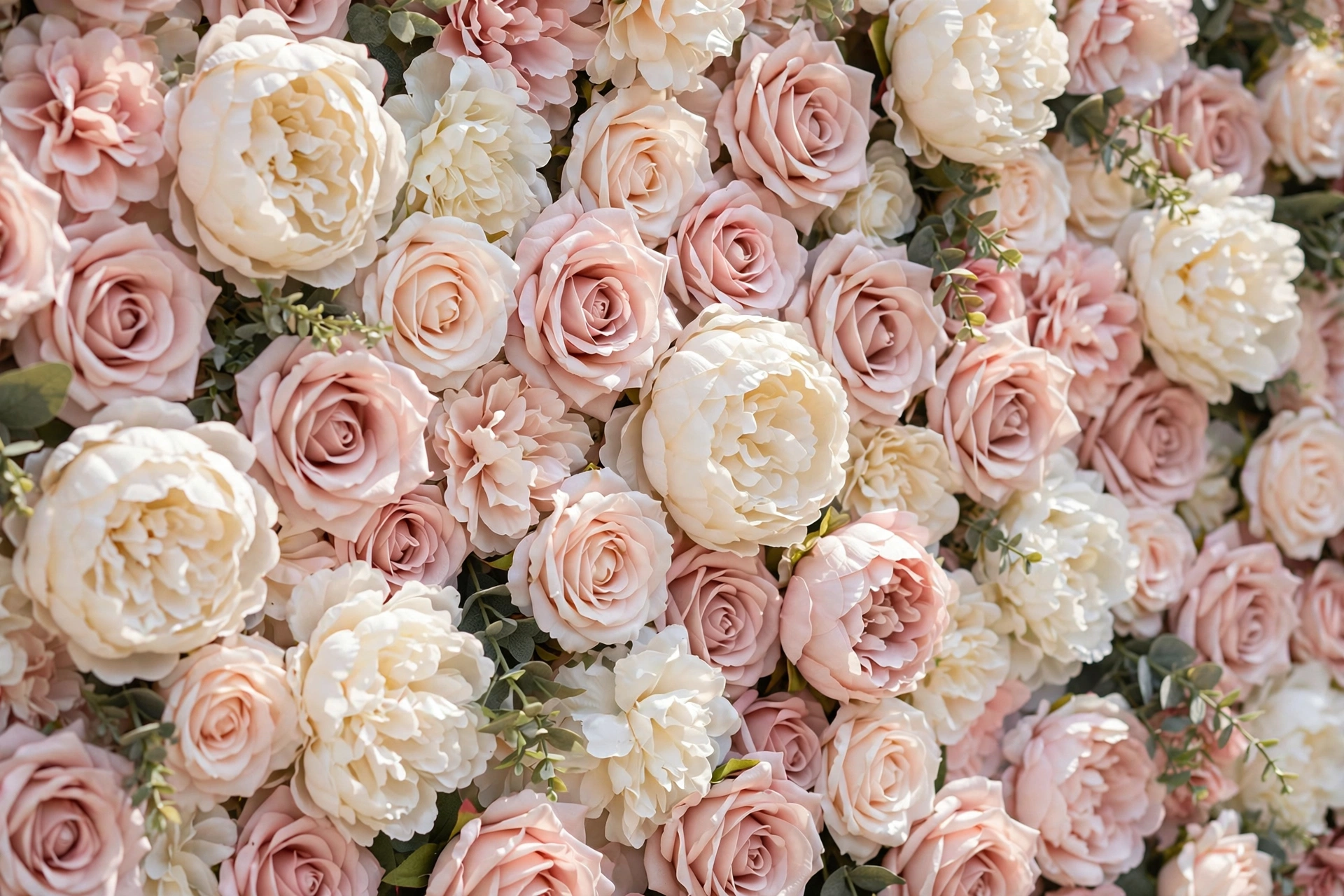 Blush and cream rose flower wall panels for wedding photo booth backdrop