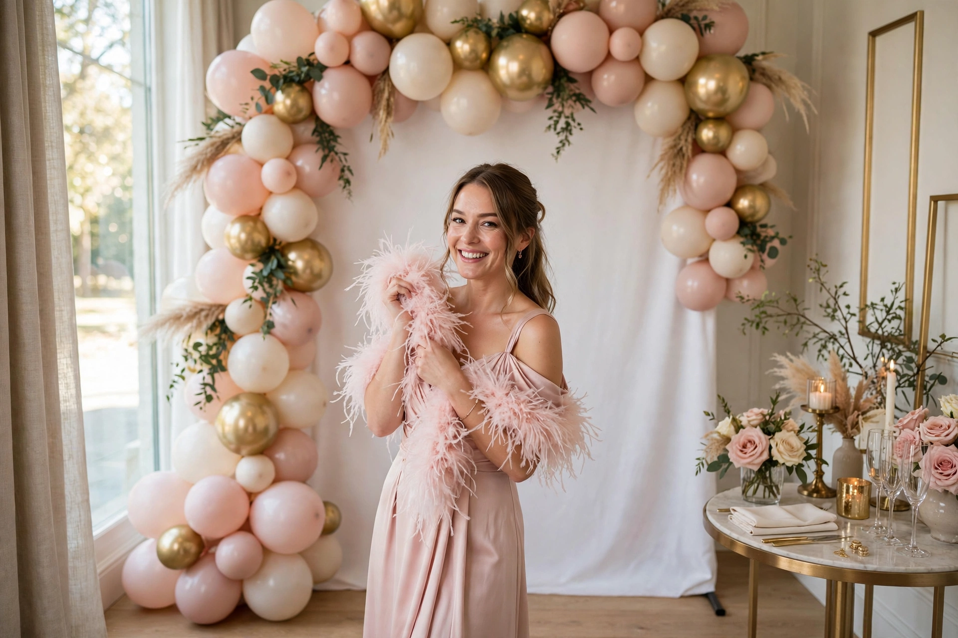Elegant indoor wedding photo booth with a blush and gold balloon garland backdrop