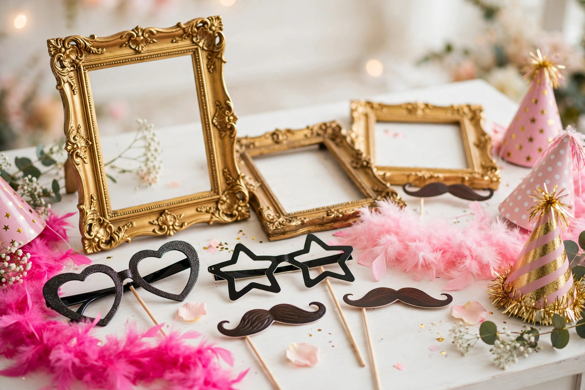 Wedding photo booth props including gold frames, funny glasses and hats on white table