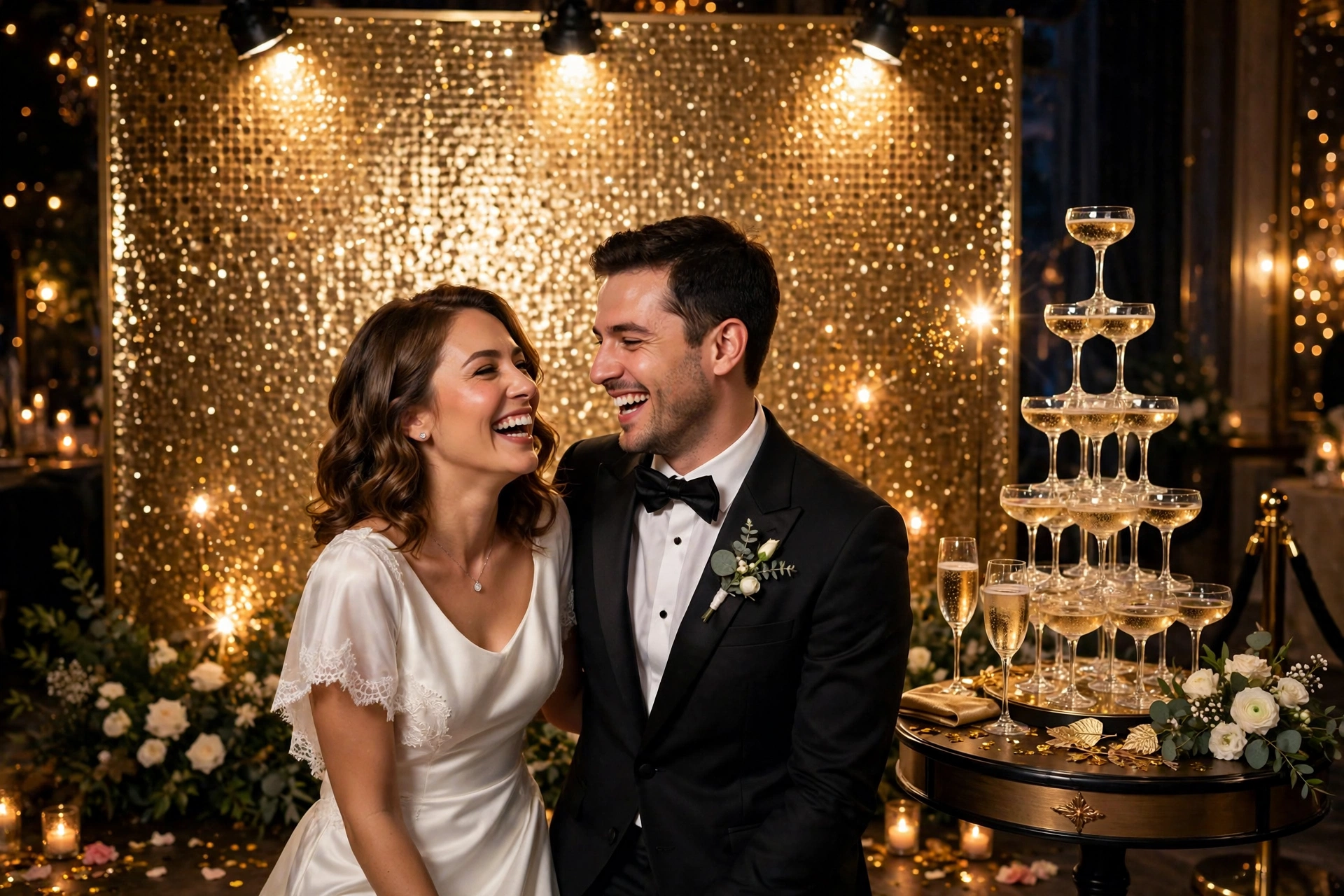 Glamorous gold sequin shimmer backdrop wedding photo booth with a couple posing in the evening
