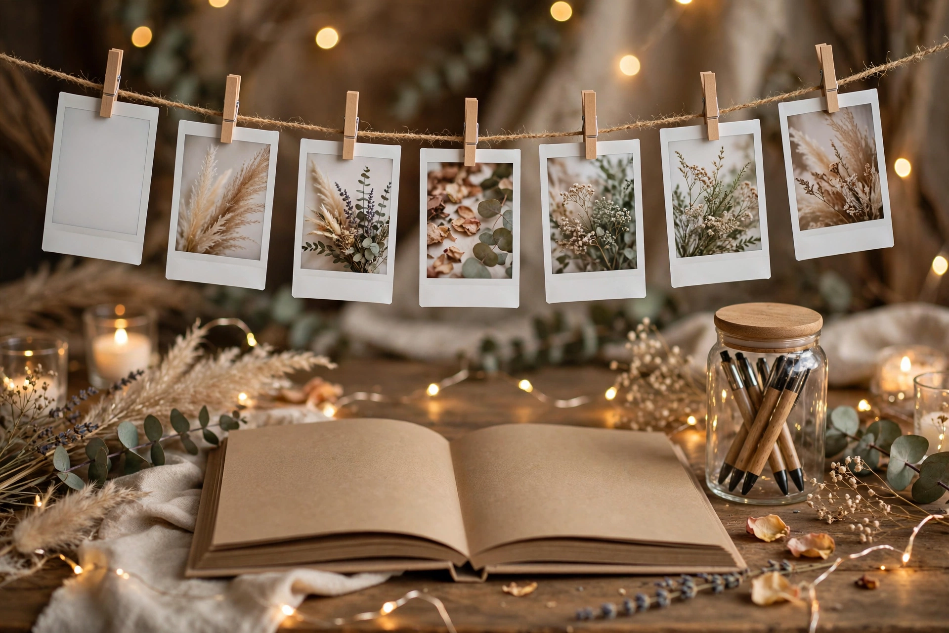 Polaroid guest book station with instant photos clipped on string and fairy lights