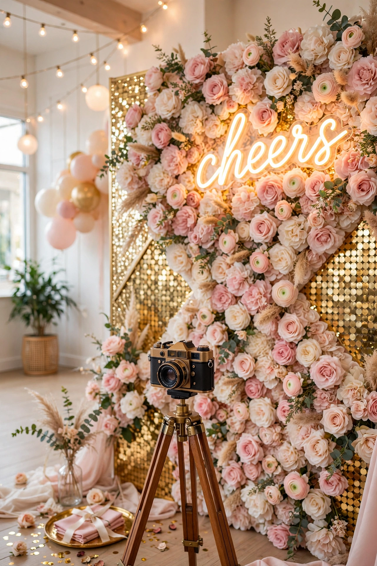 Wedding photo booth with blush flower wall, neon cheers sign and vintage camera