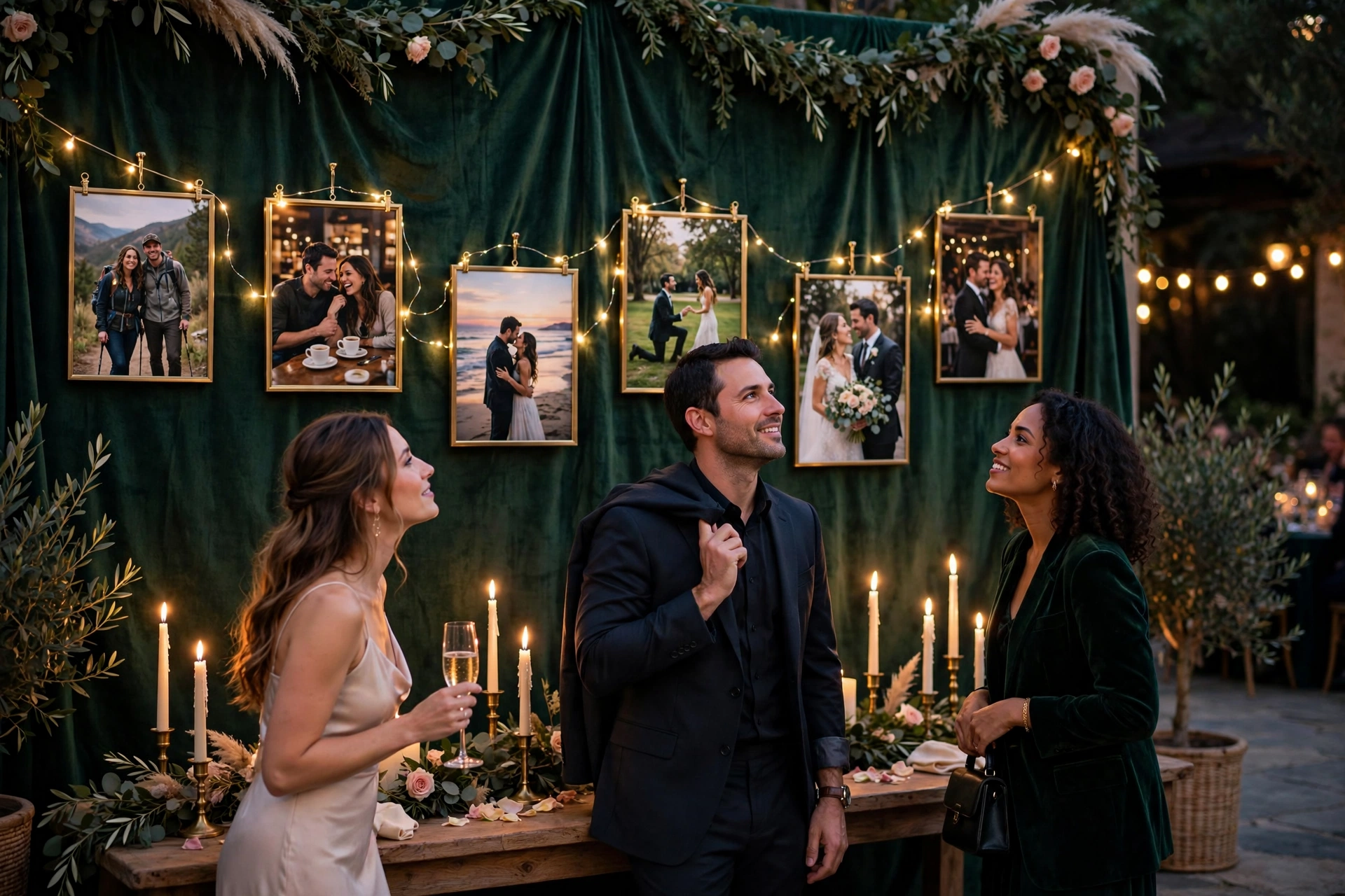 Evening photo timeline wall with brass frames and fairy lights