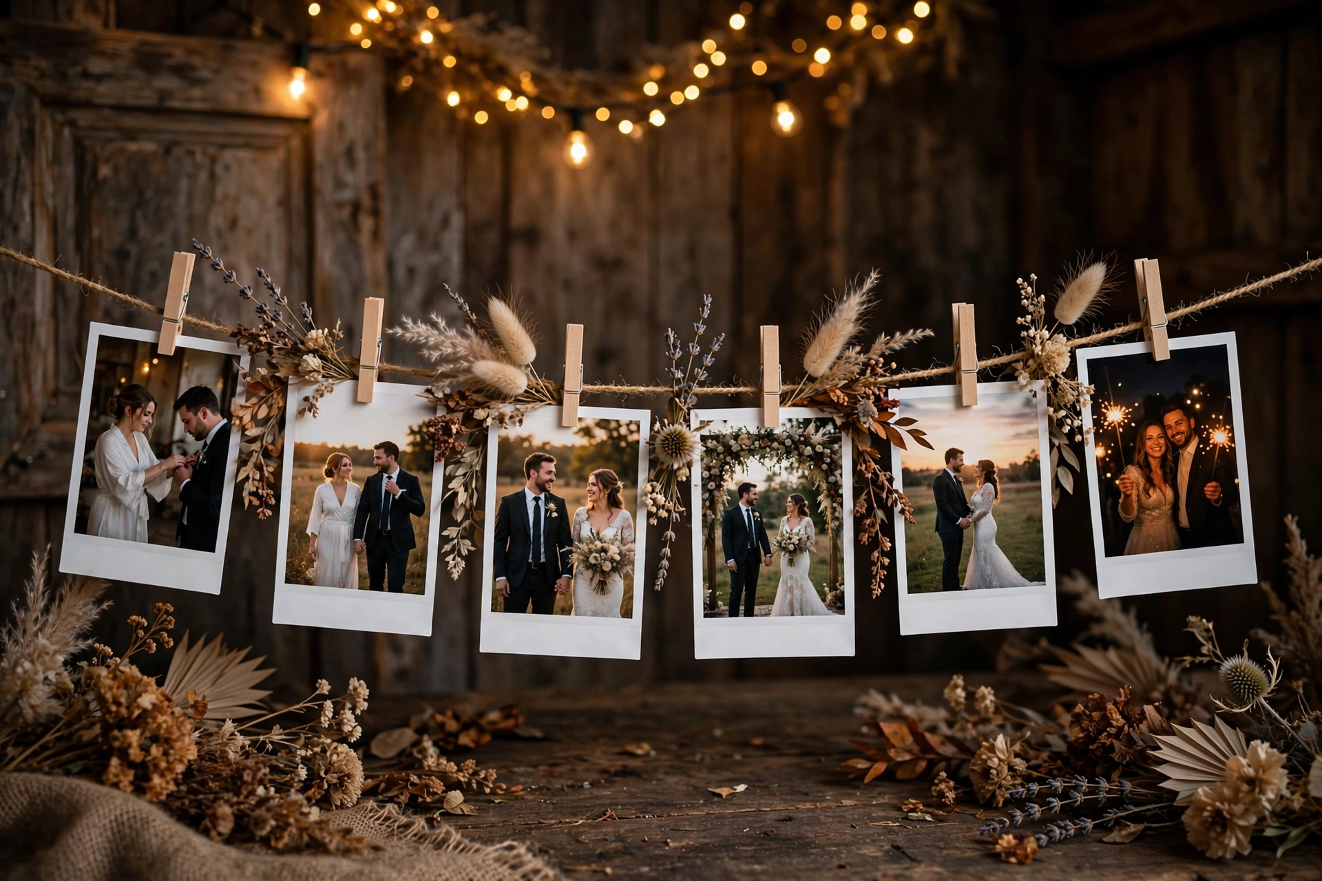 Rustic barn photo timeline with photos clipped to twine with clothespins