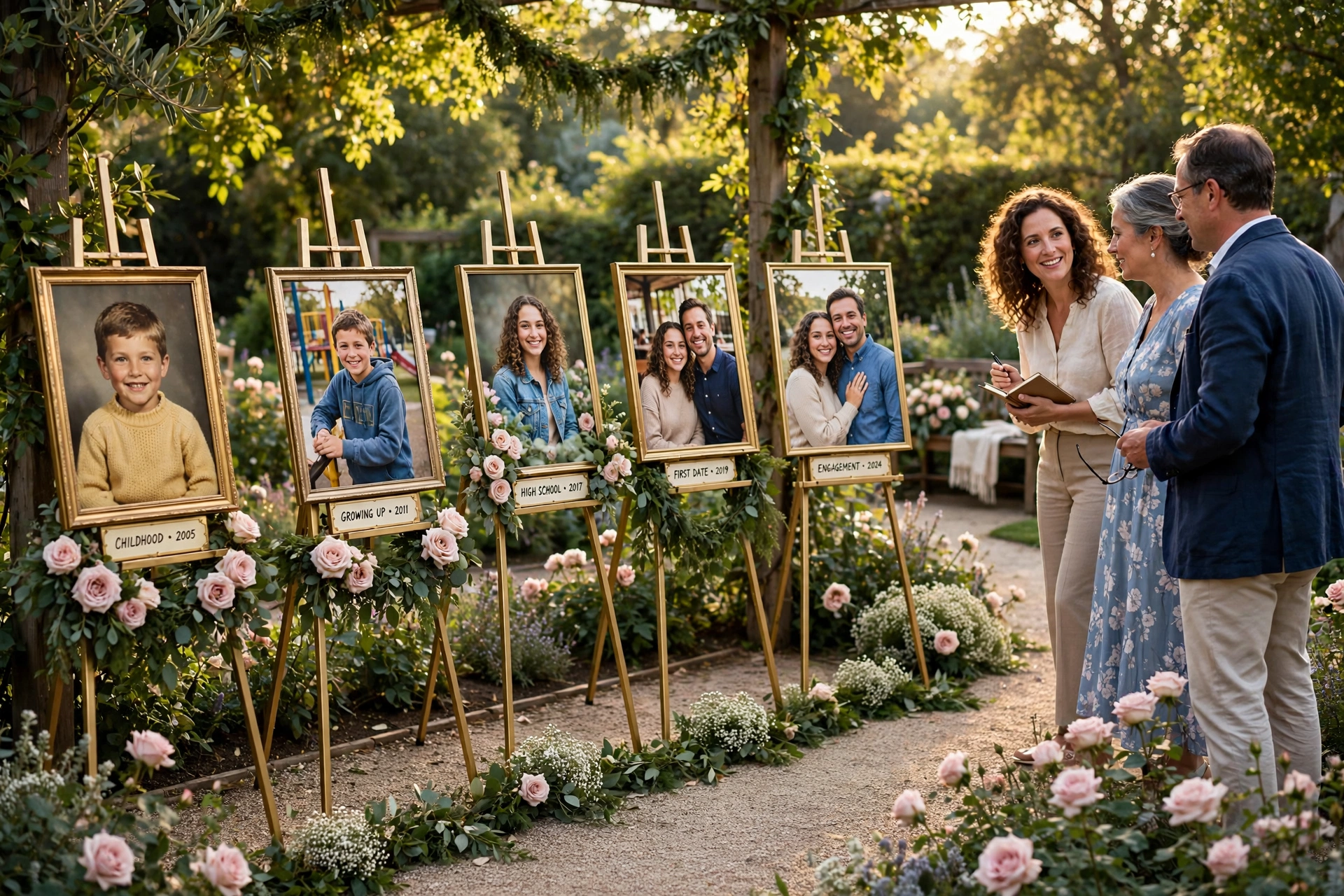 Sunlit garden photo timeline with framed couple photos on gold easels