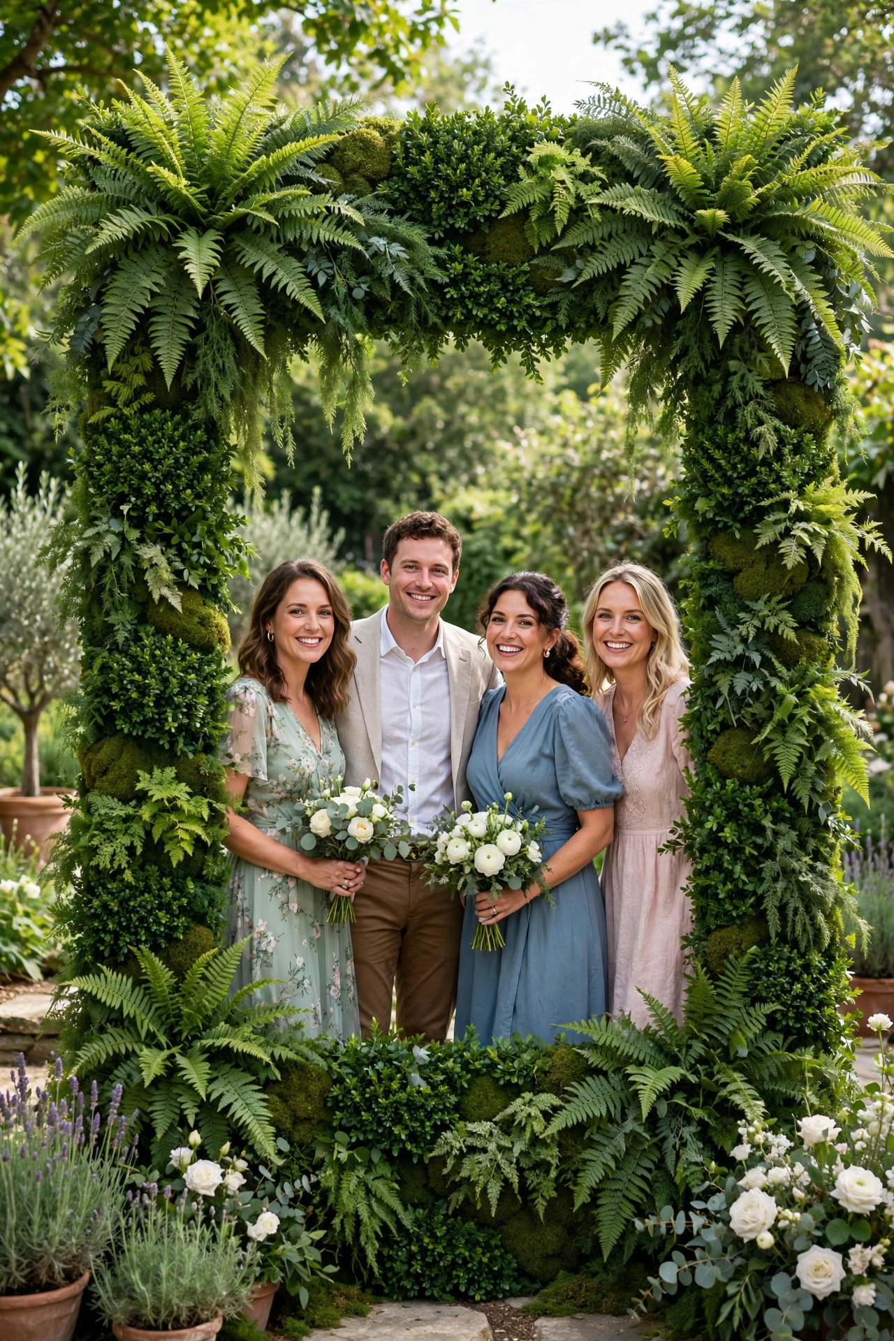 Living greenery photo frame wall with ferns at a garden wedding