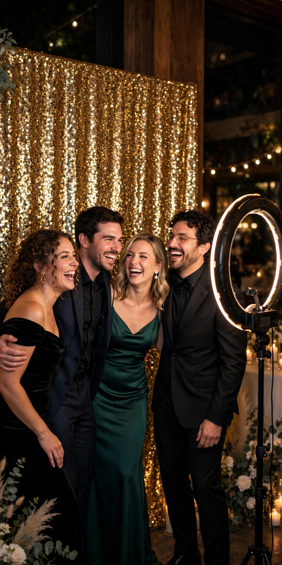 Gold sequin photo guest wall with ring light at a wedding party