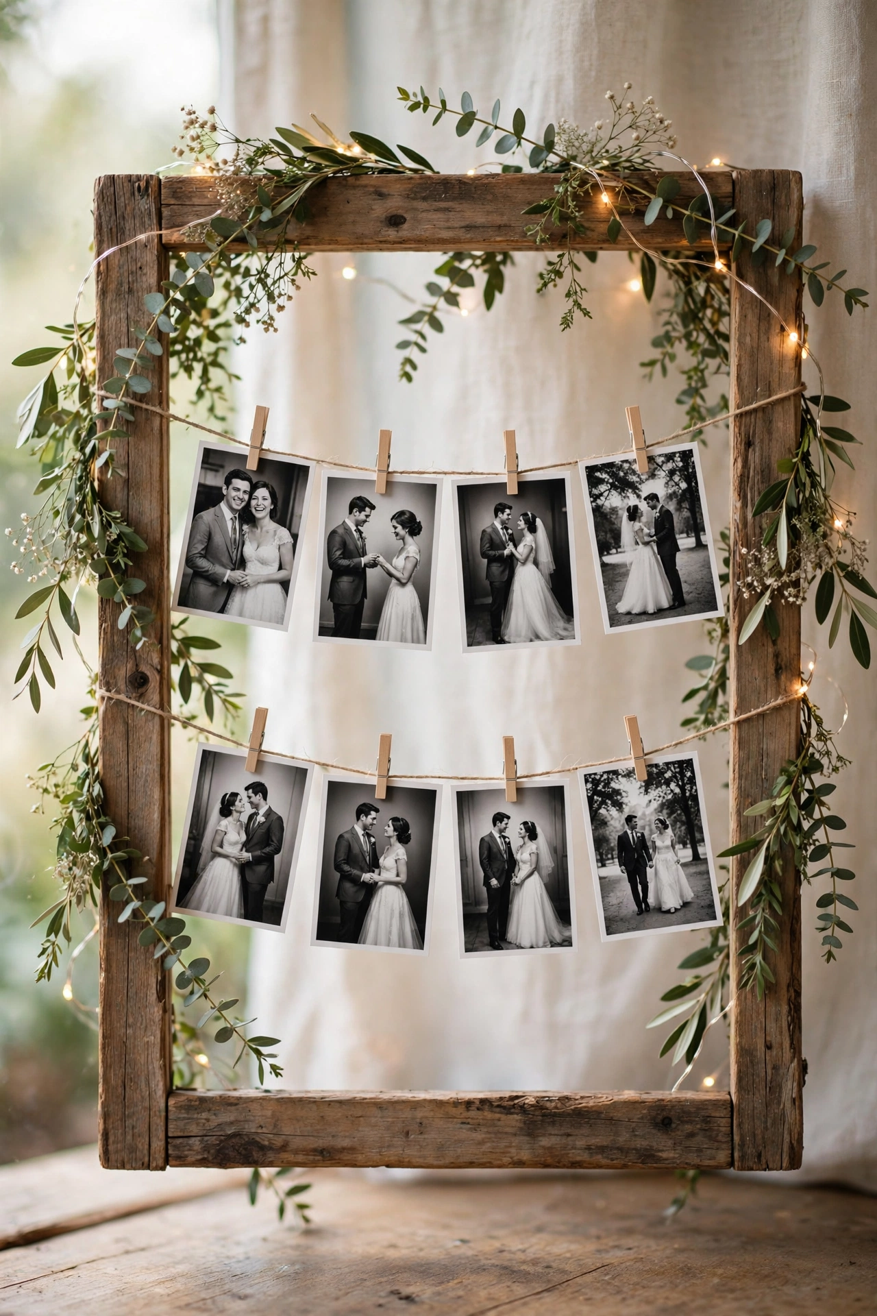 Clothesline photo garland with mini clothespins strung across a rustic wooden frame at a wedding