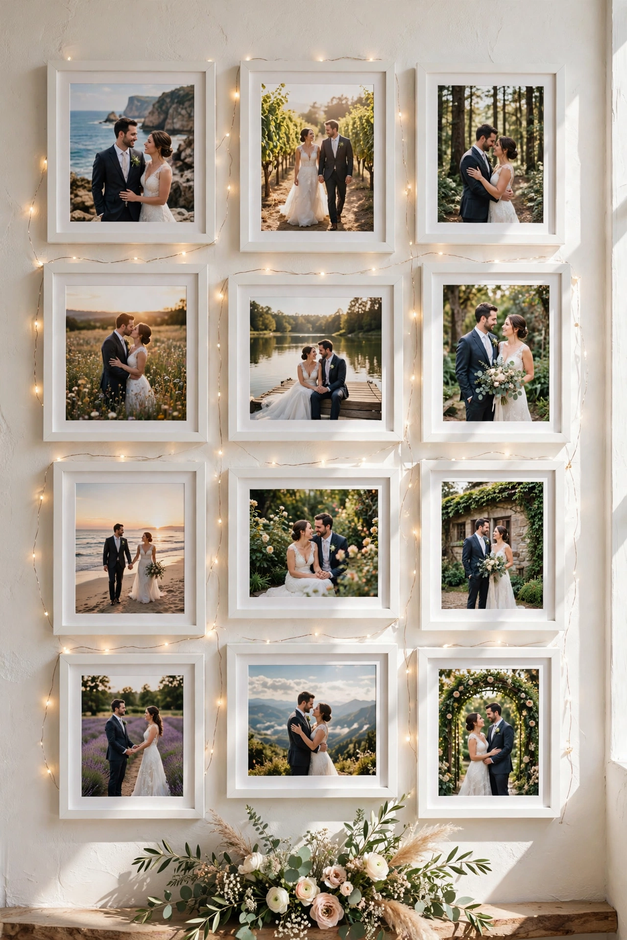 Sunlit wedding reception photo display wall with framed couple photos and warm fairy lights