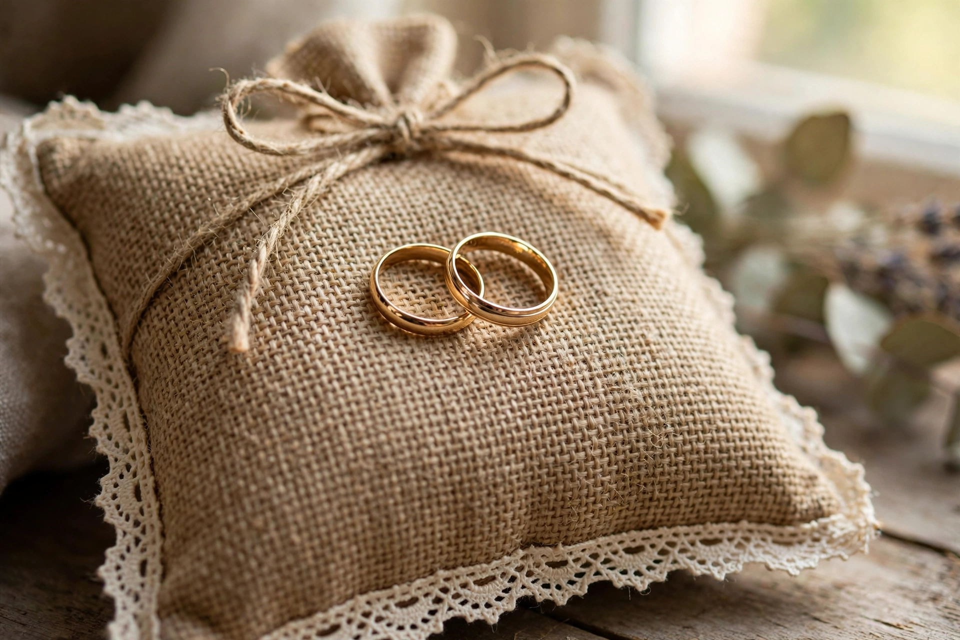 Classic ivory satin ring bearer pillow with white ribbon holding gold wedding bands