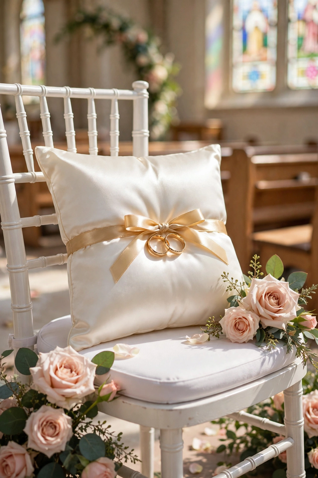 Ivory satin wedding ring bearer pillow with gold ribbon holding two gold wedding bands on a ceremony chair