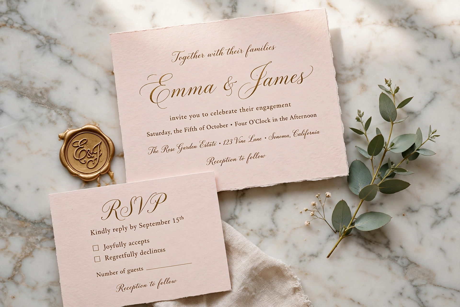 Blush engagement party invitation suite with gold calligraphy and wax seal