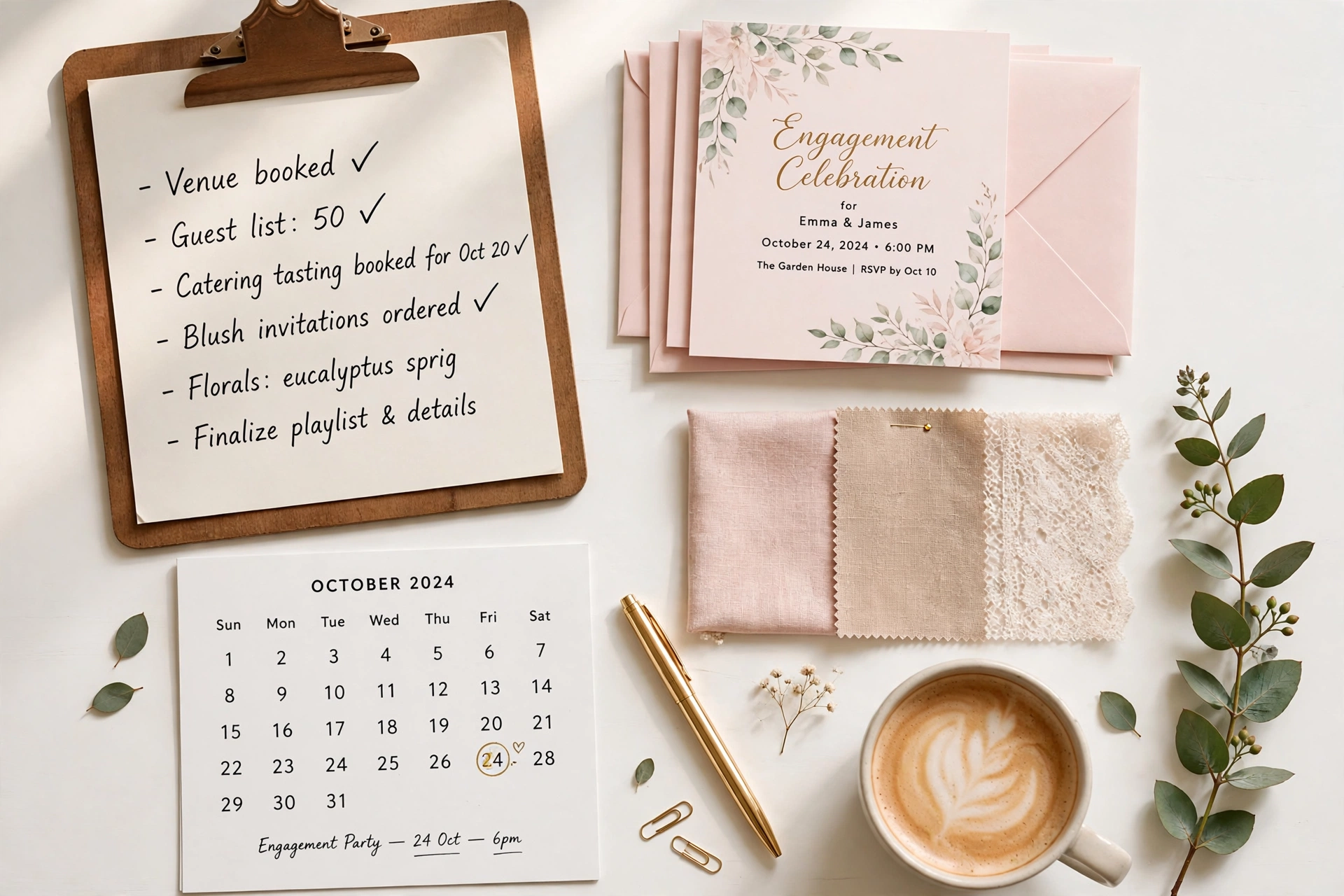 Engagement party planning flat-lay with checklist, invitations and calendar