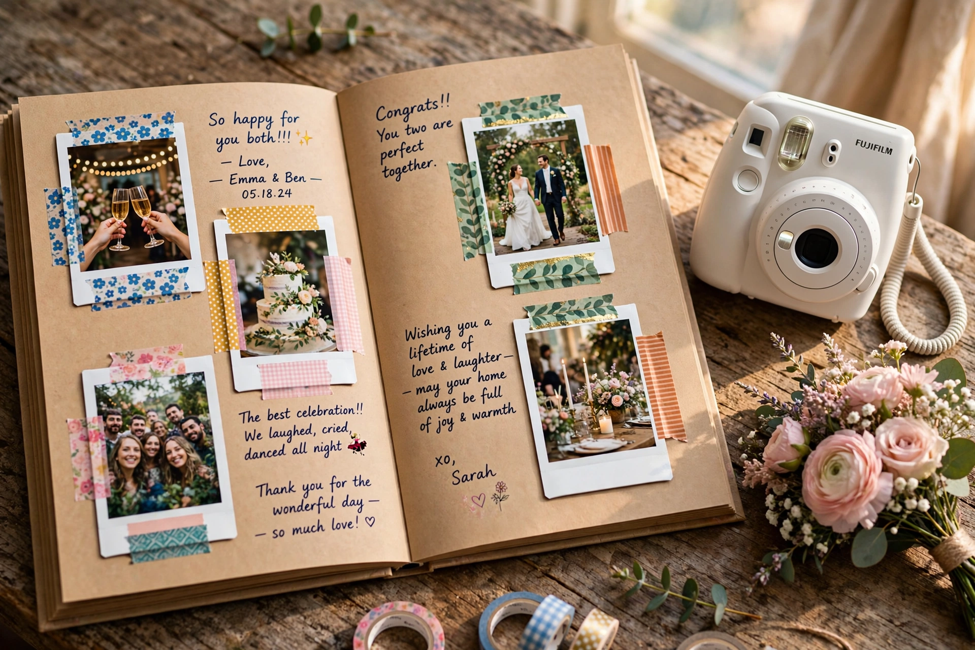 Polaroid wedding guest book with washi-taped instant photos and handwritten notes