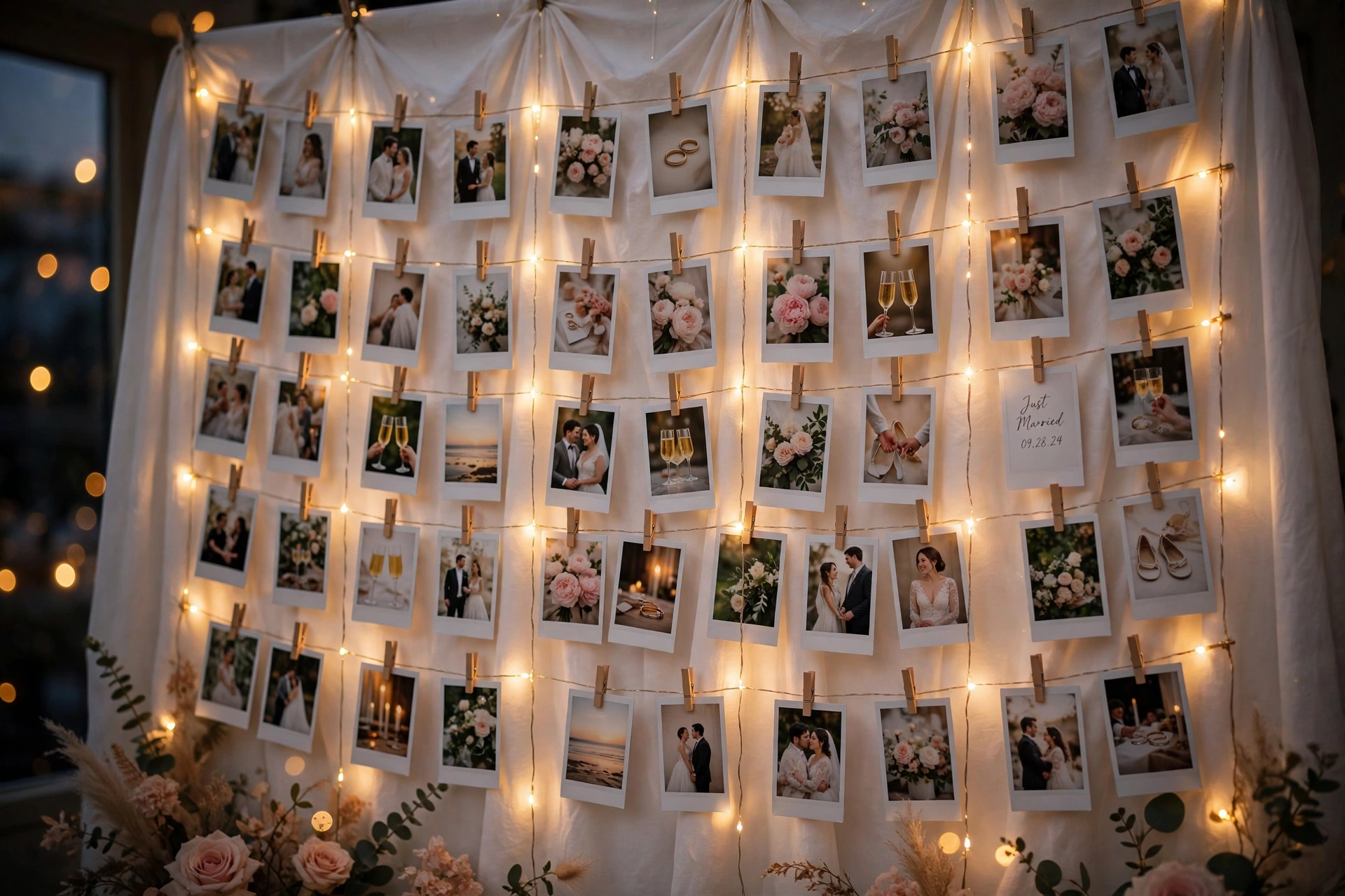 Polaroid picture wall with instant photos clipped on fairy lights at a wedding reception
