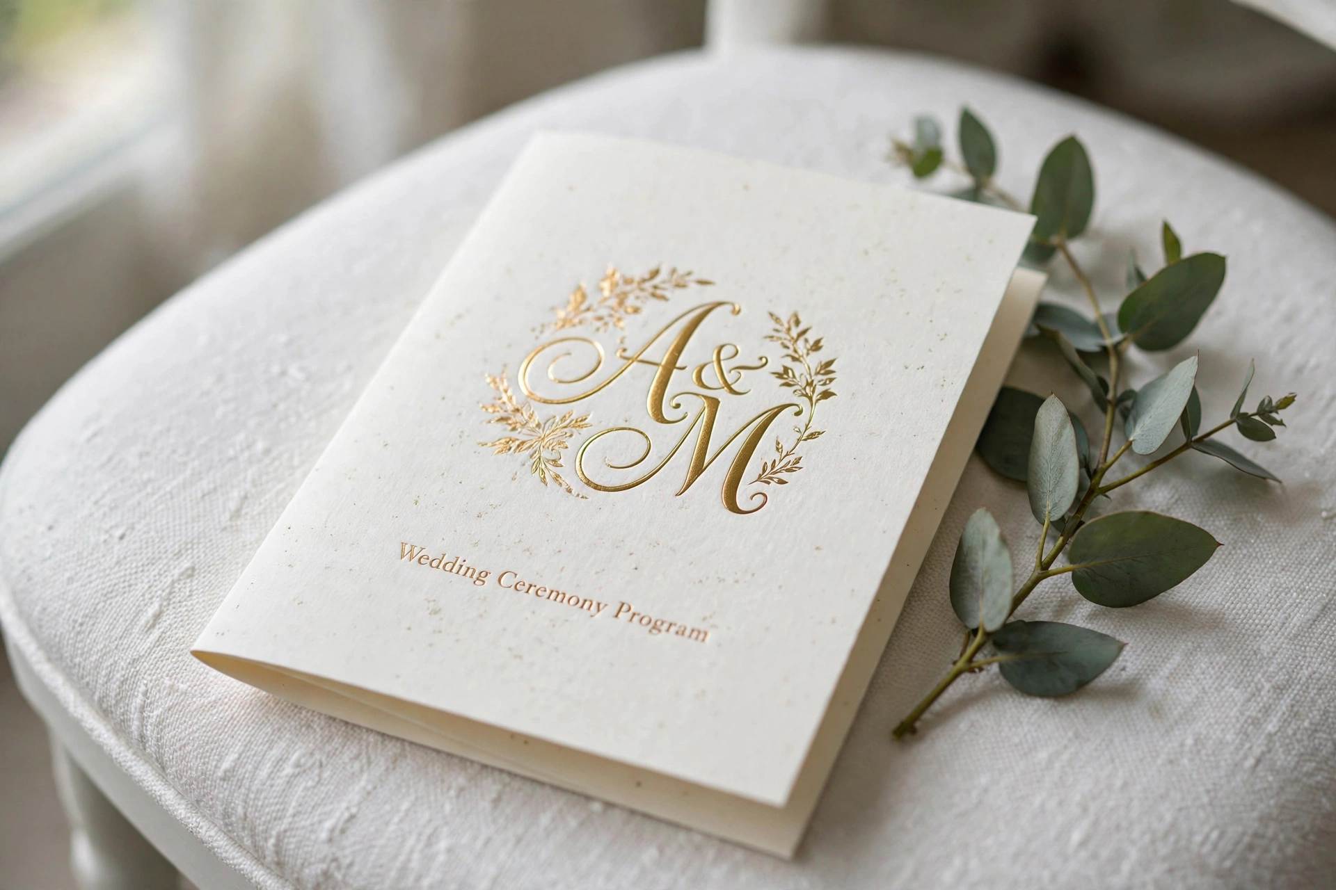 Elegant folded ivory wedding ceremony program booklet with gold foil monogram on a white chair