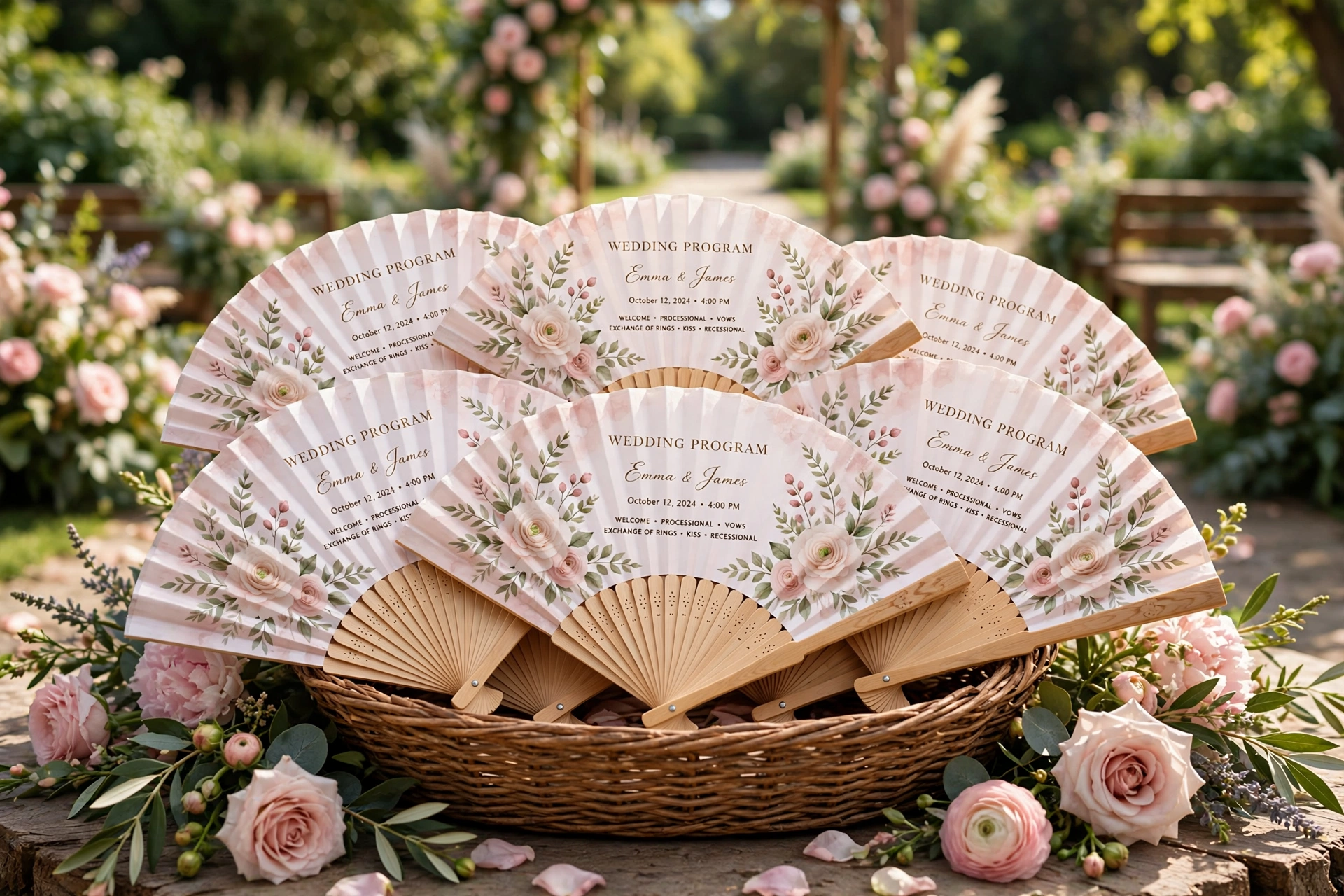 Wedding program fans with wooden handles and blush floral design in a basket at a ceremony entrance