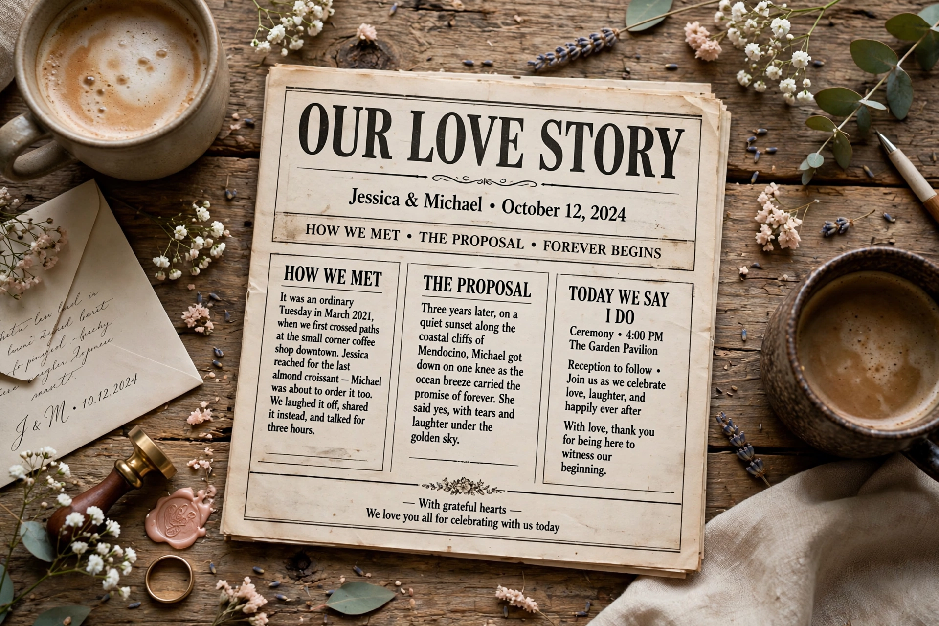 Vintage newspaper-style wedding program on a rustic wooden table