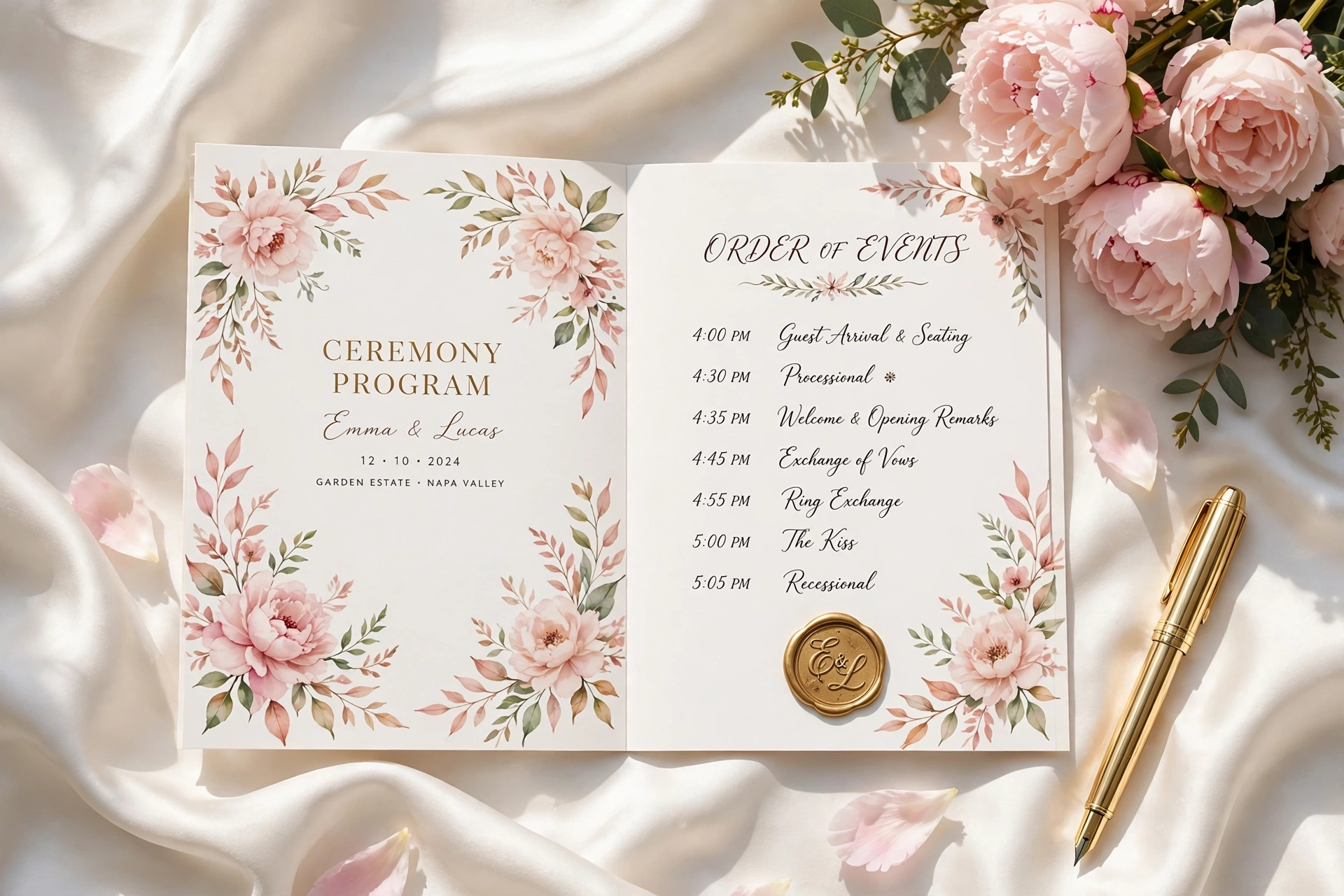 Open ceremony program booklet with calligraphy order of events and gold wax seal