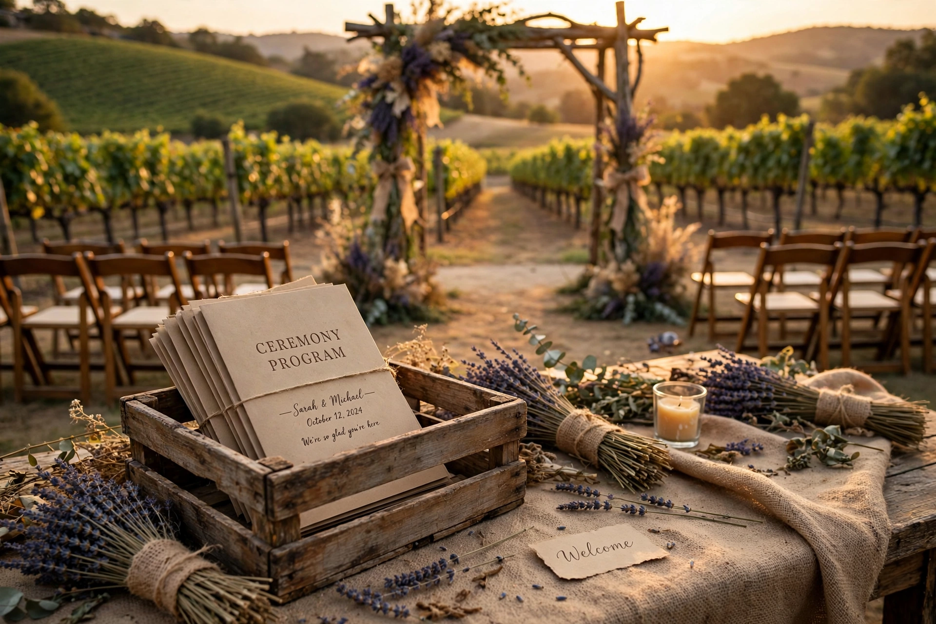 Rustic kraft paper program booklets in a wooden crate with dried lavender
