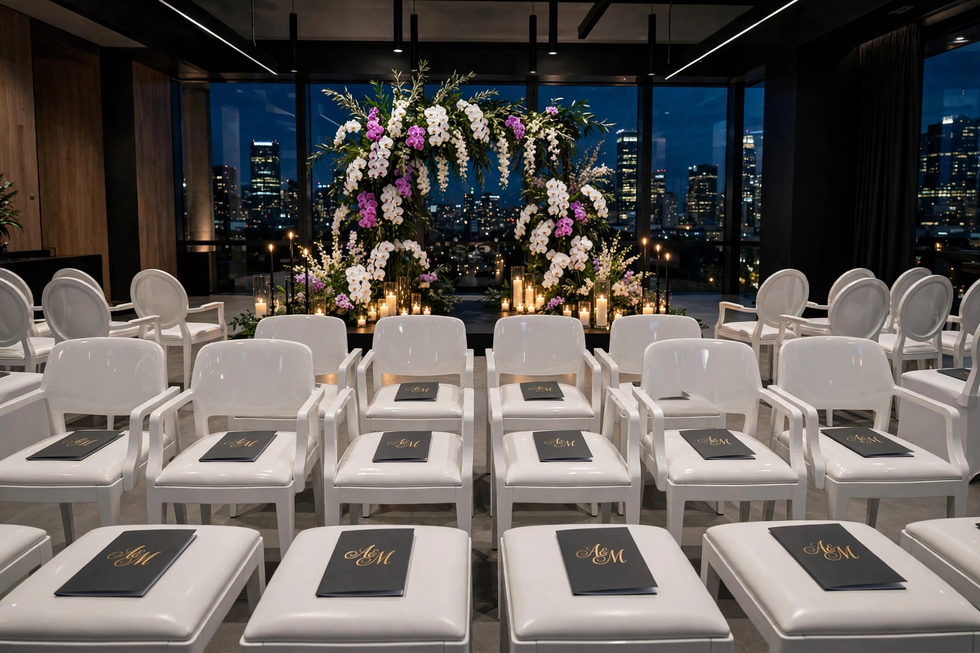 Modern charcoal program booklets with gold foil monogram on white ceremony chairs