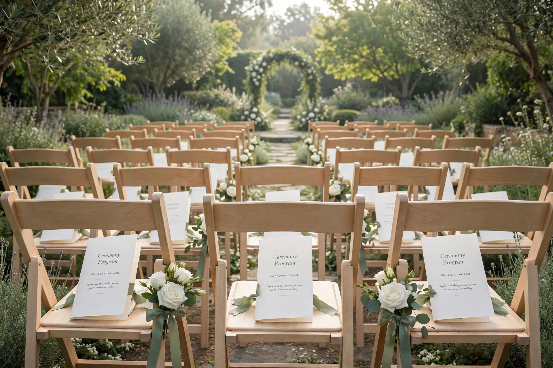 Elegant ceremony chairs with ivory folded program booklets tied with sage ribbon