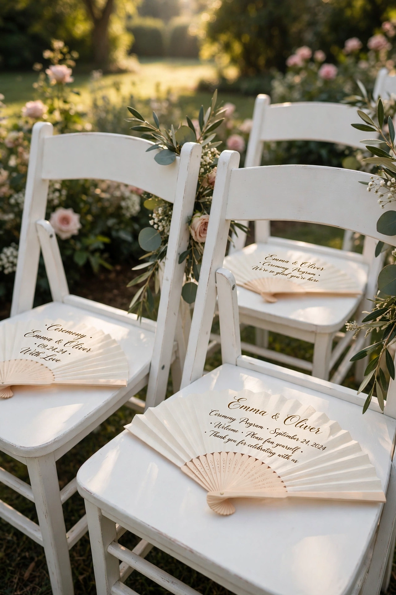 Sunlit garden wedding ceremony with paper program fans on white chairs