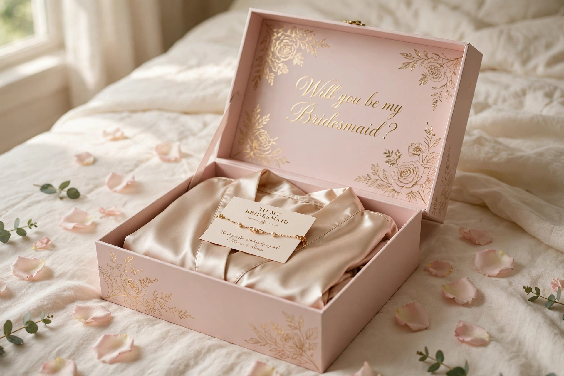 Champagne satin robe and gold bracelet in an elegant bridesmaid proposal box