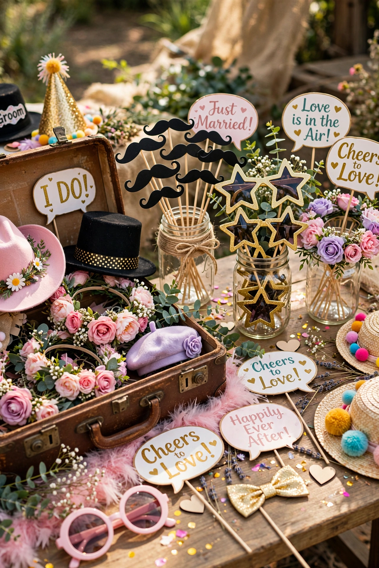 Wedding photo booth with DIY props like mustaches on sticks, speech bubbles and flower crowns on a table