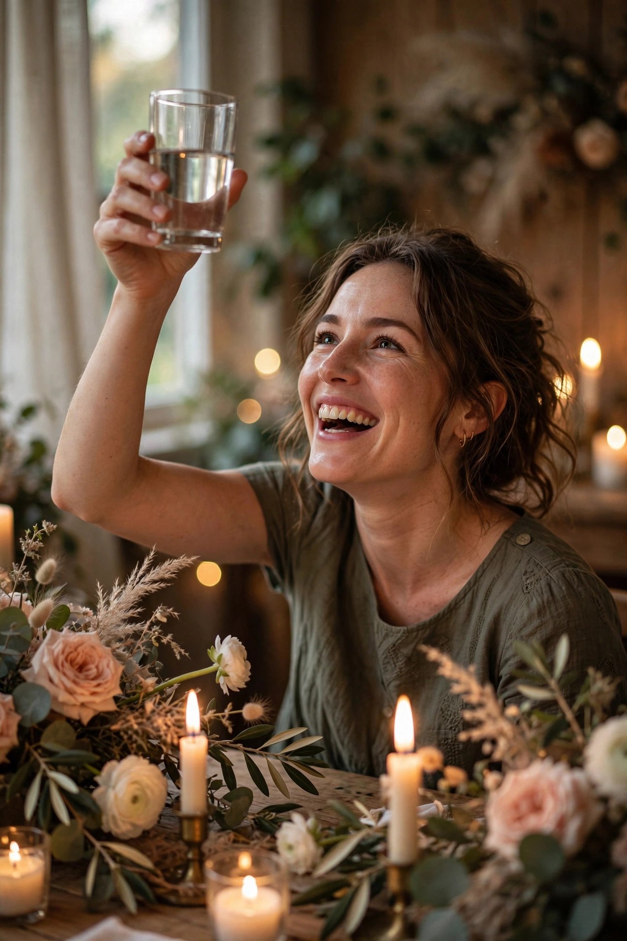 Heartfelt toast at a candlelit rehearsal dinner with friends listening