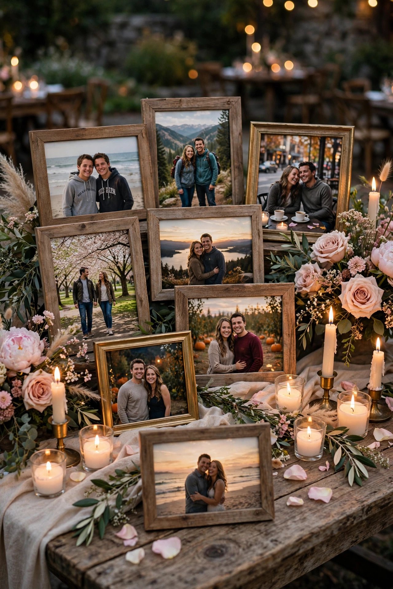 Photo memory table with framed pictures of the couple through the years