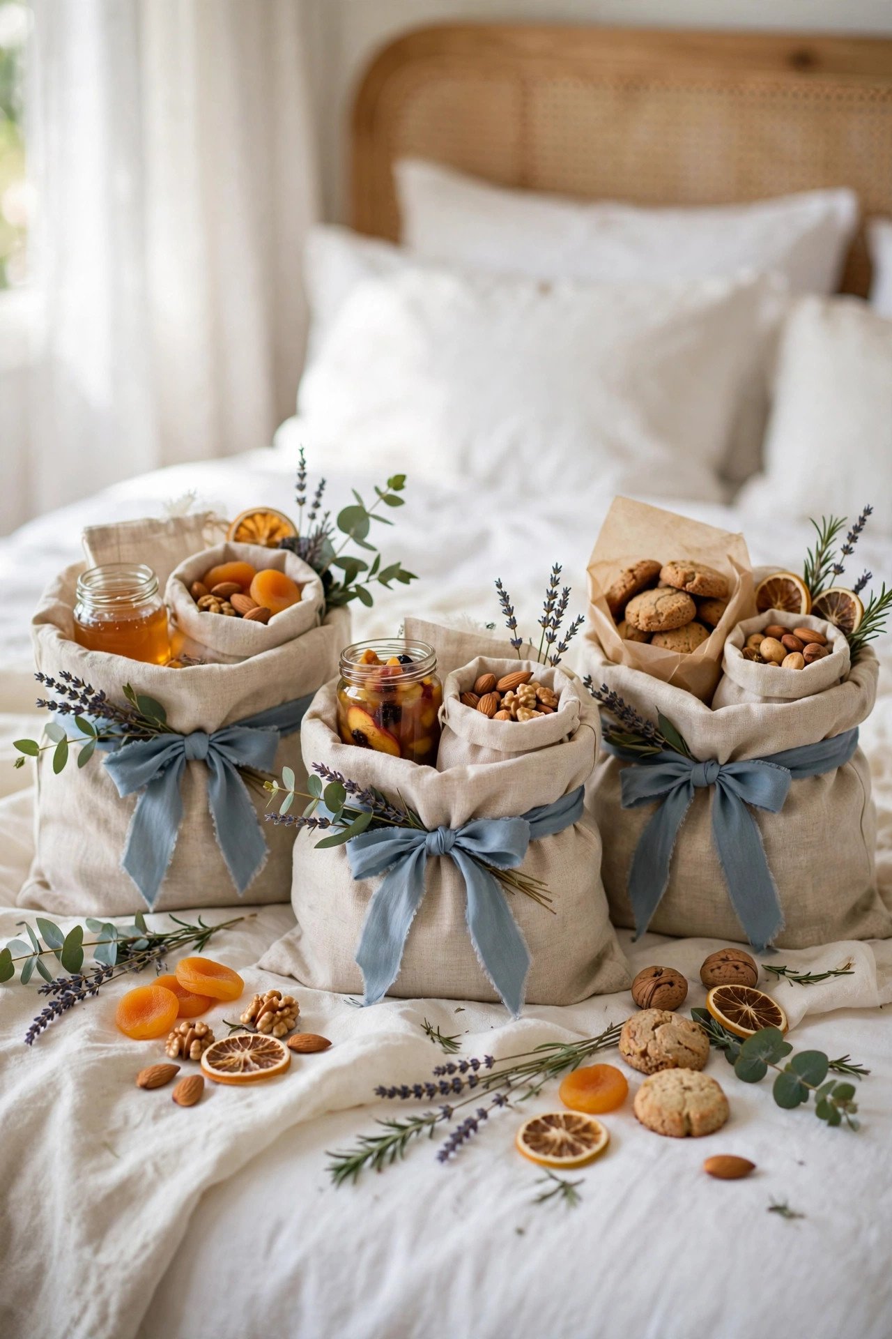 Wedding welcome bags arranged on a hotel bed for out-of-town guests
