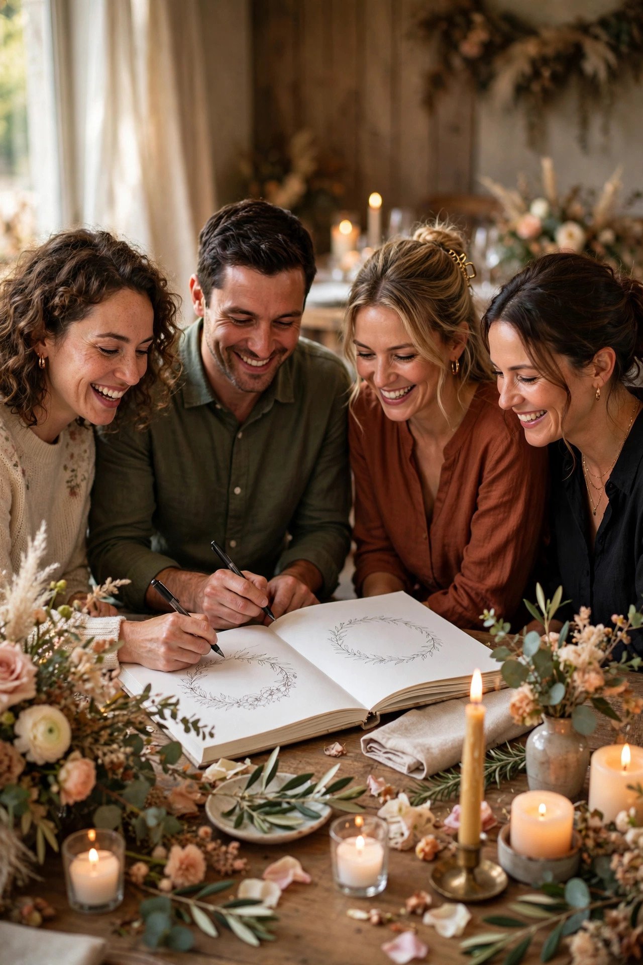 Guests signing a creative interactive guest book at a rehearsal dinner