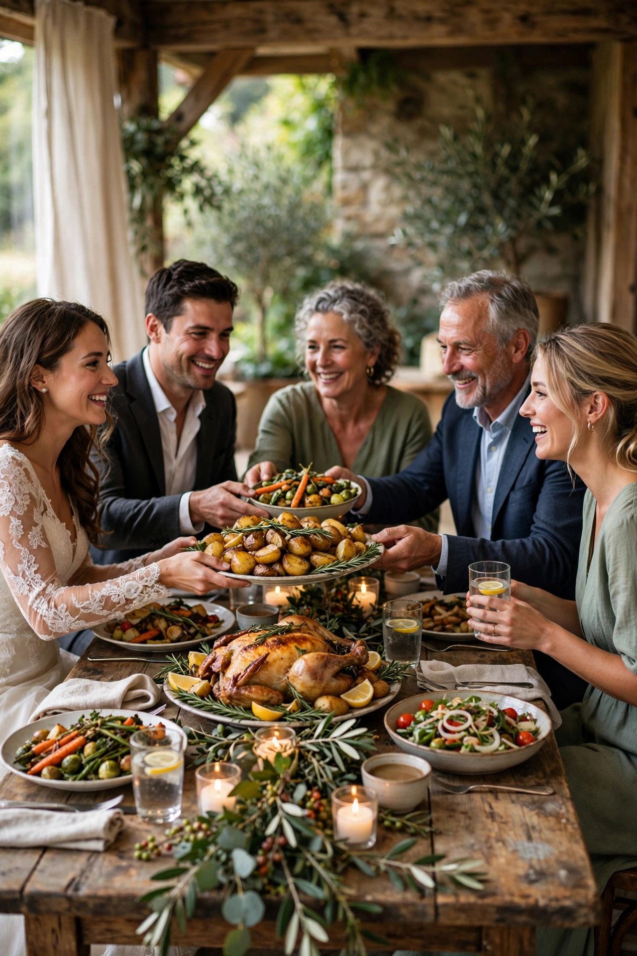 Family-style sharing platters on a long rehearsal dinner table