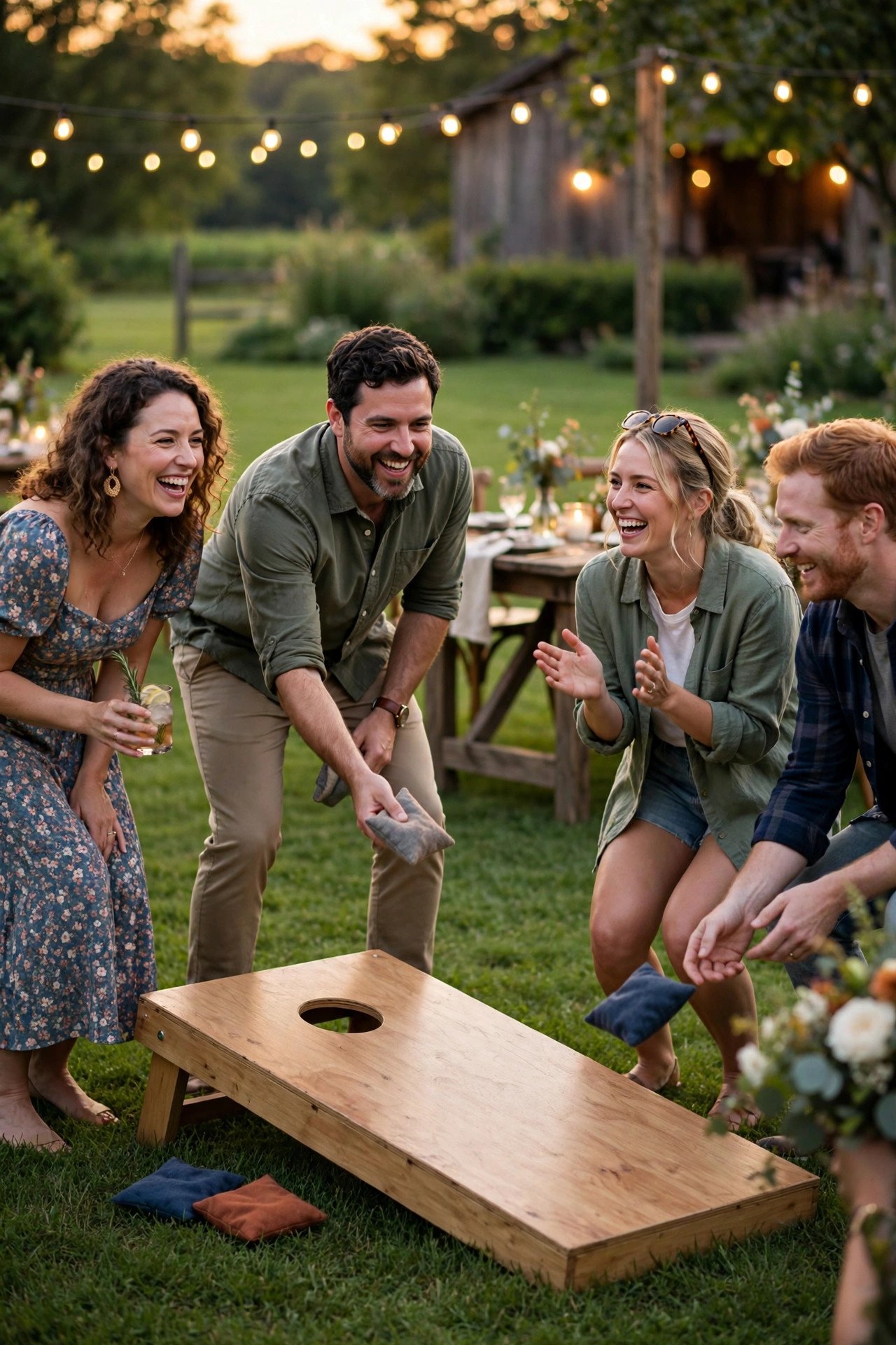 Cornhole and lawn games at golden hour before a rehearsal dinner
