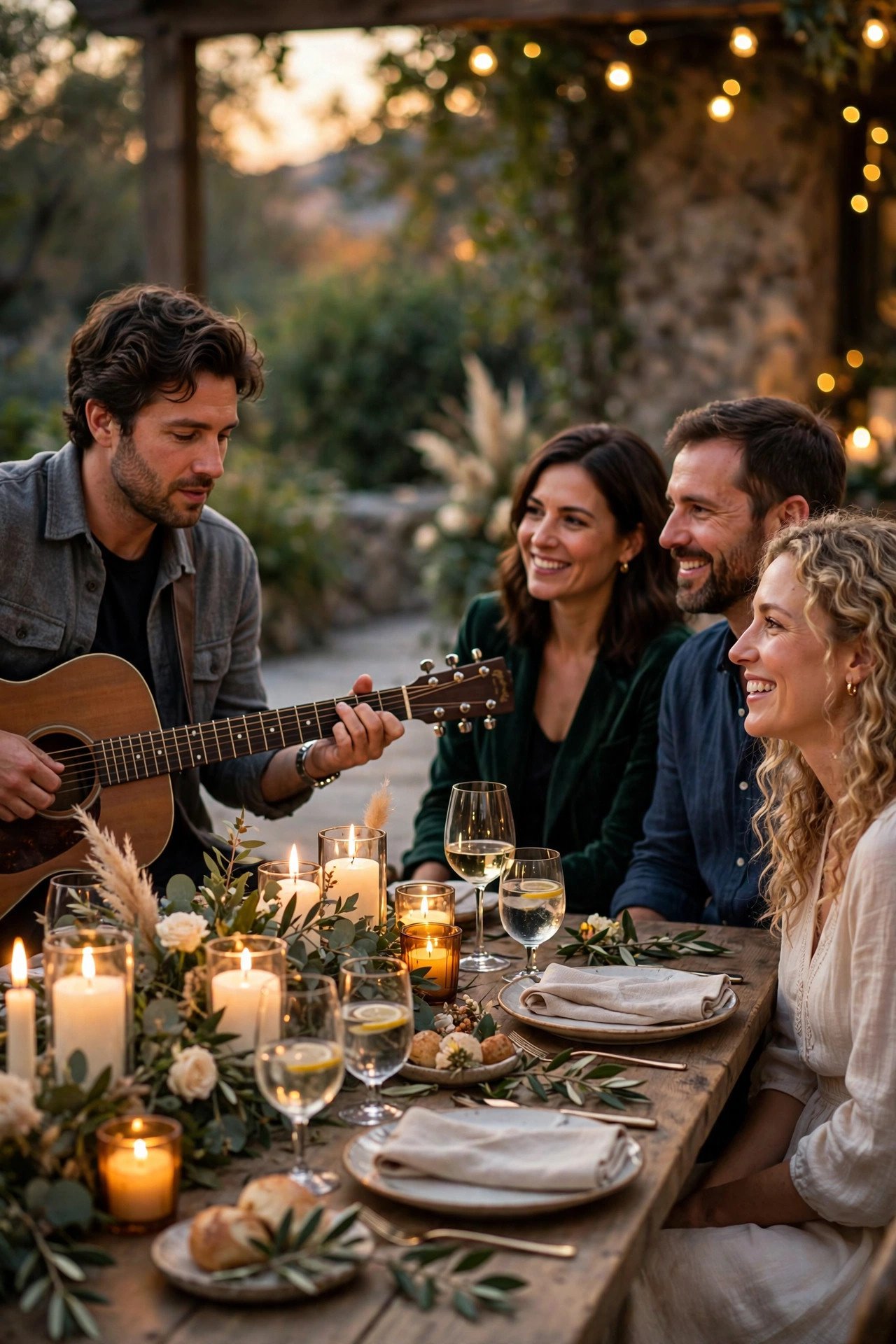 Acoustic guitarist performing at an intimate candlelit rehearsal dinner