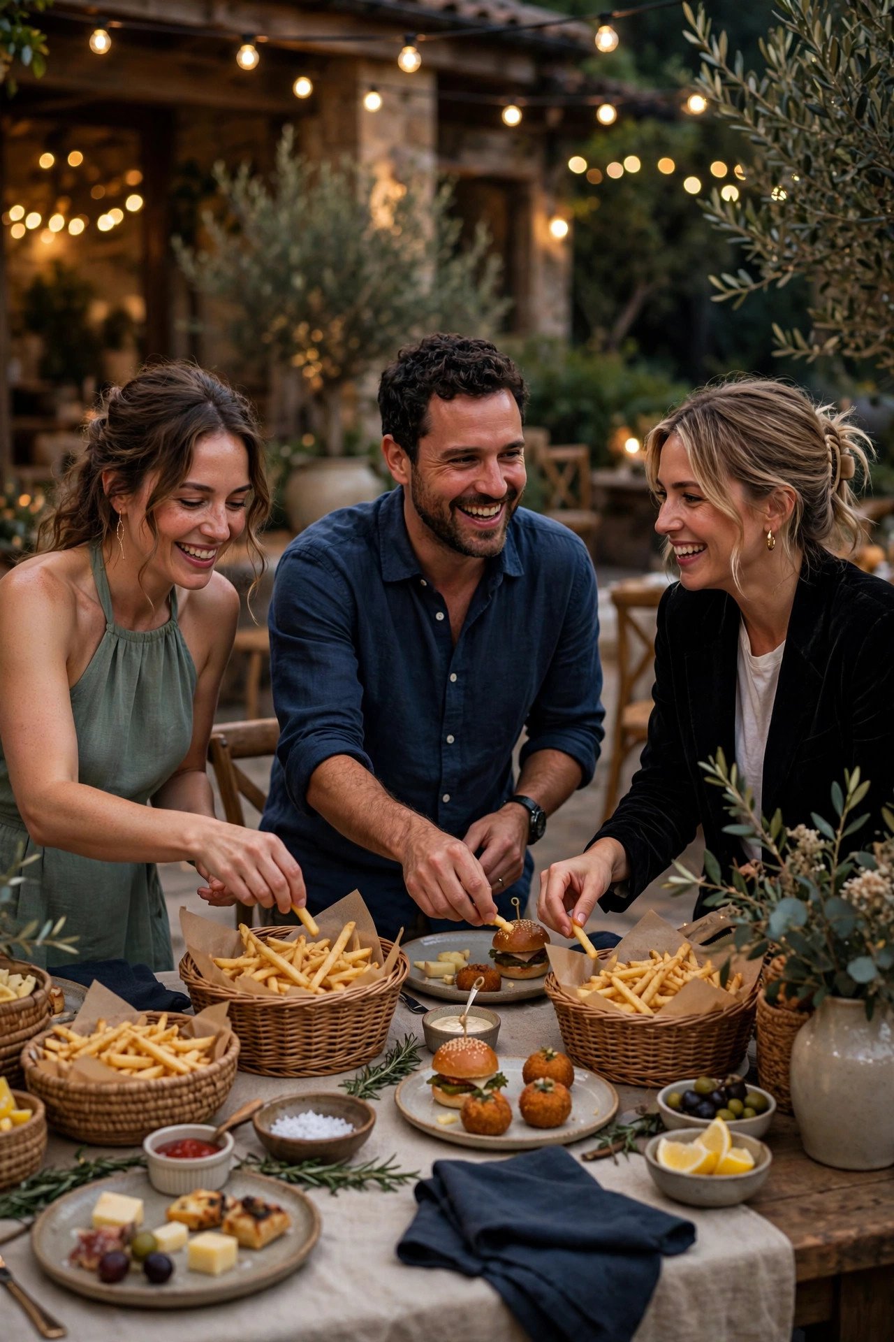 Late night snack station with fries and comfort food at a rehearsal dinner
