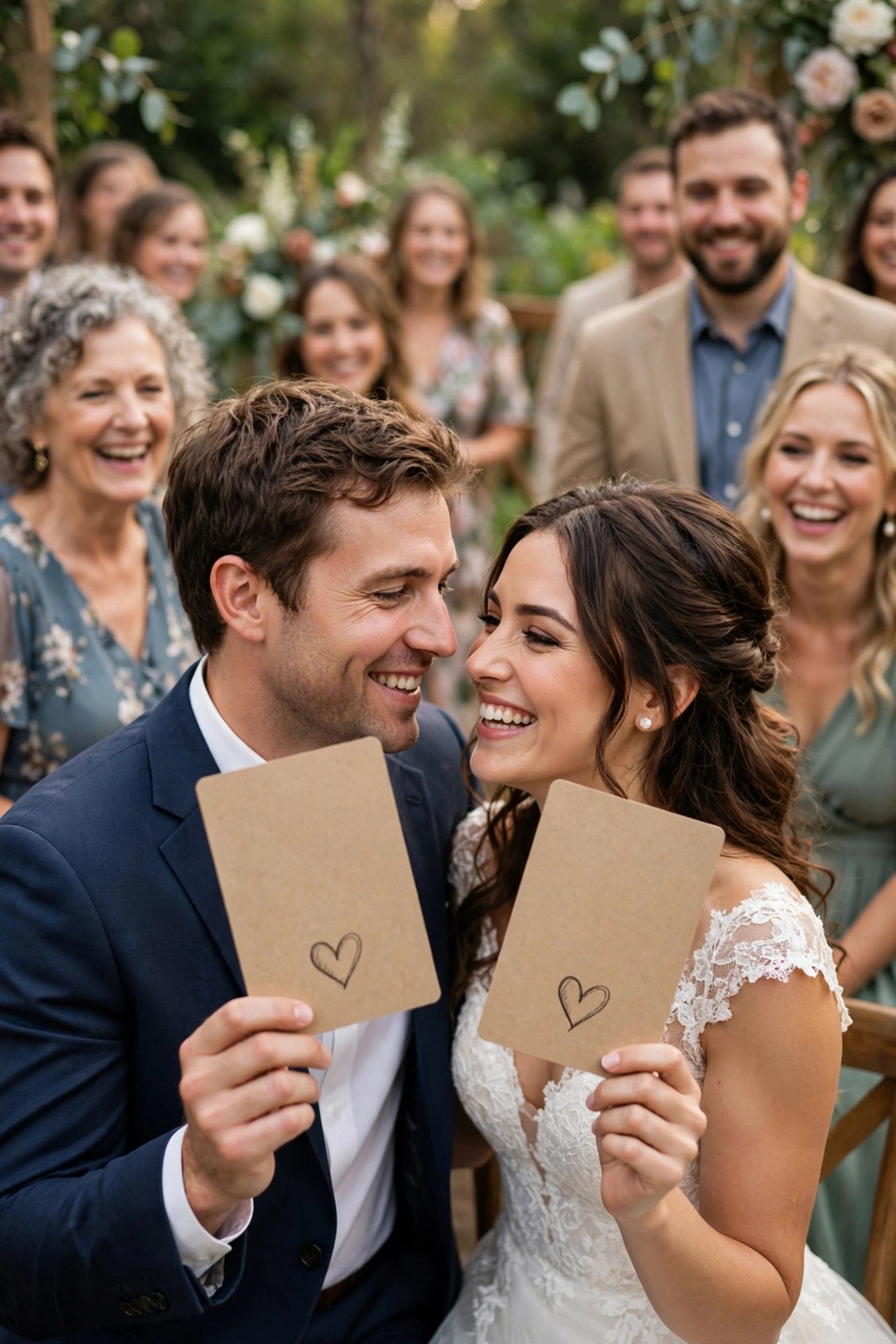 Romantic handwritten cue cards held up in a love declaration scene