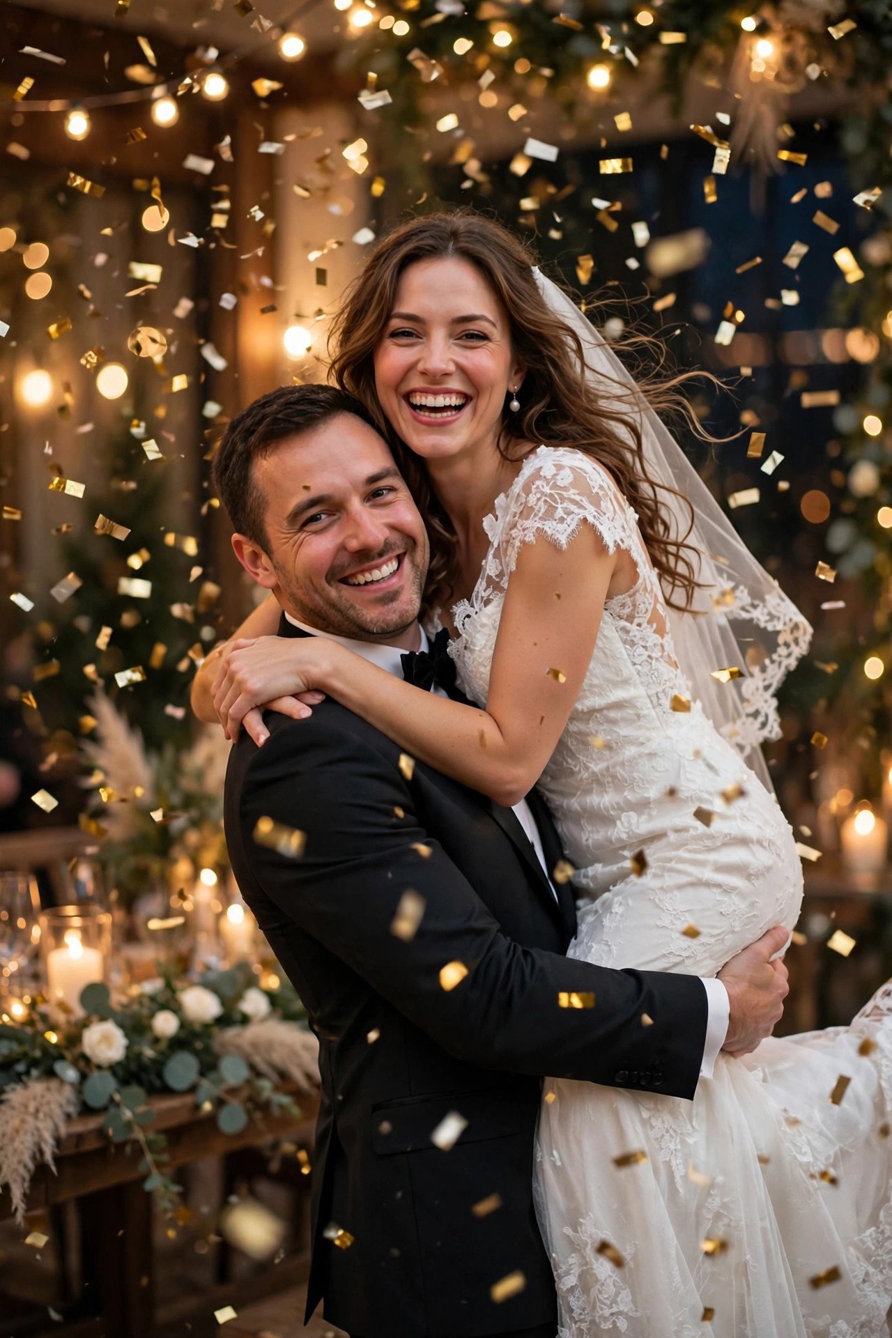 Couple embracing at a New Year's Eve party with confetti falling