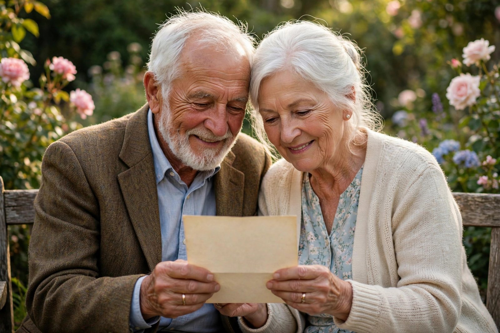 Elderly couple reading a love letter together on a porch