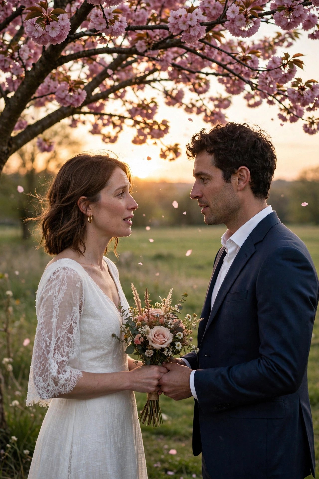 Simple heartfelt wedding moment with a couple holding hands in a garden